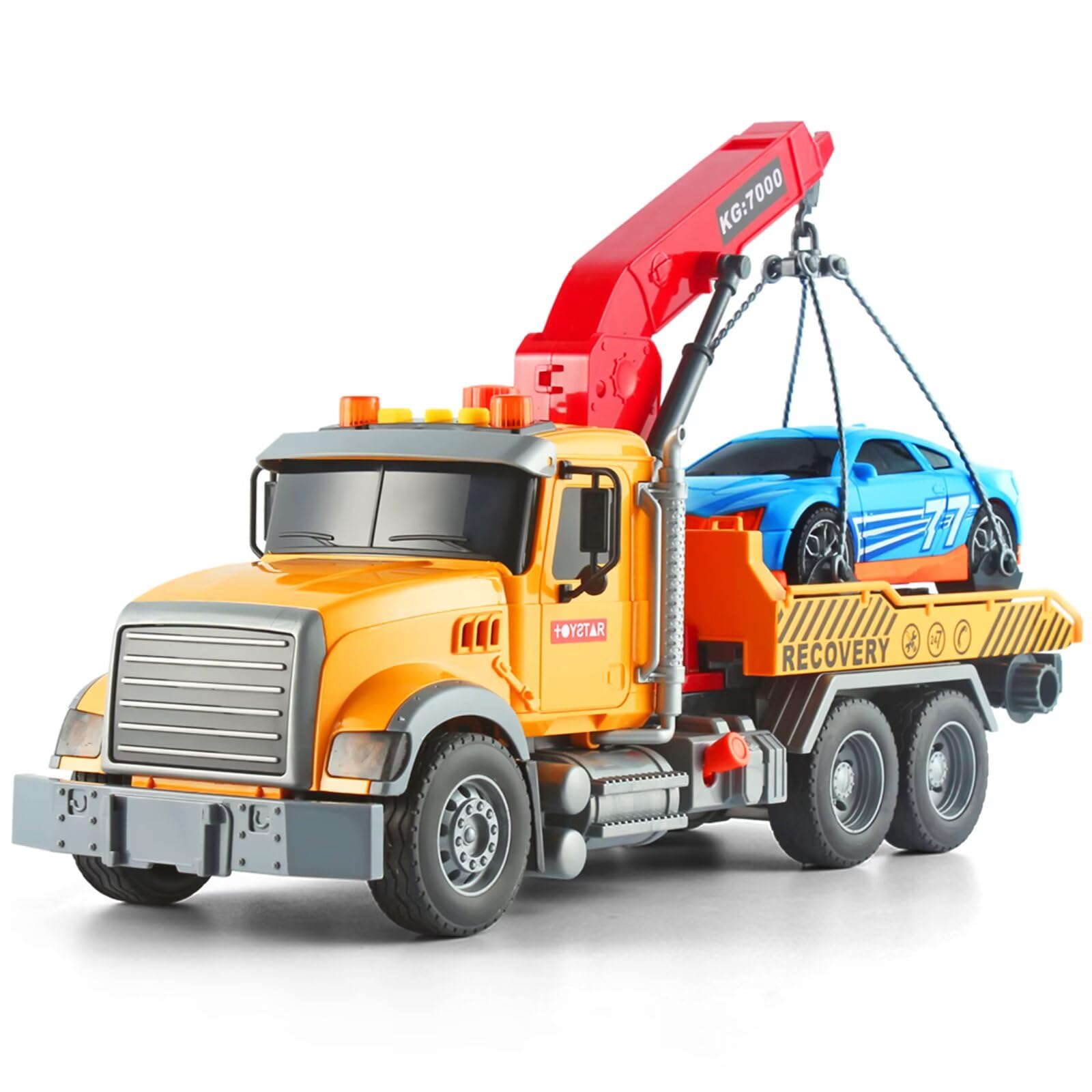 Dwi Dowellin Kids Toys for 3 4 5 6 7 Years Old Boys, 15" Large Tow Truck Toy,Friction Powered Transport Truck Crane Toy with Lights and Sounds,with Roadster,Toddlers Gifts