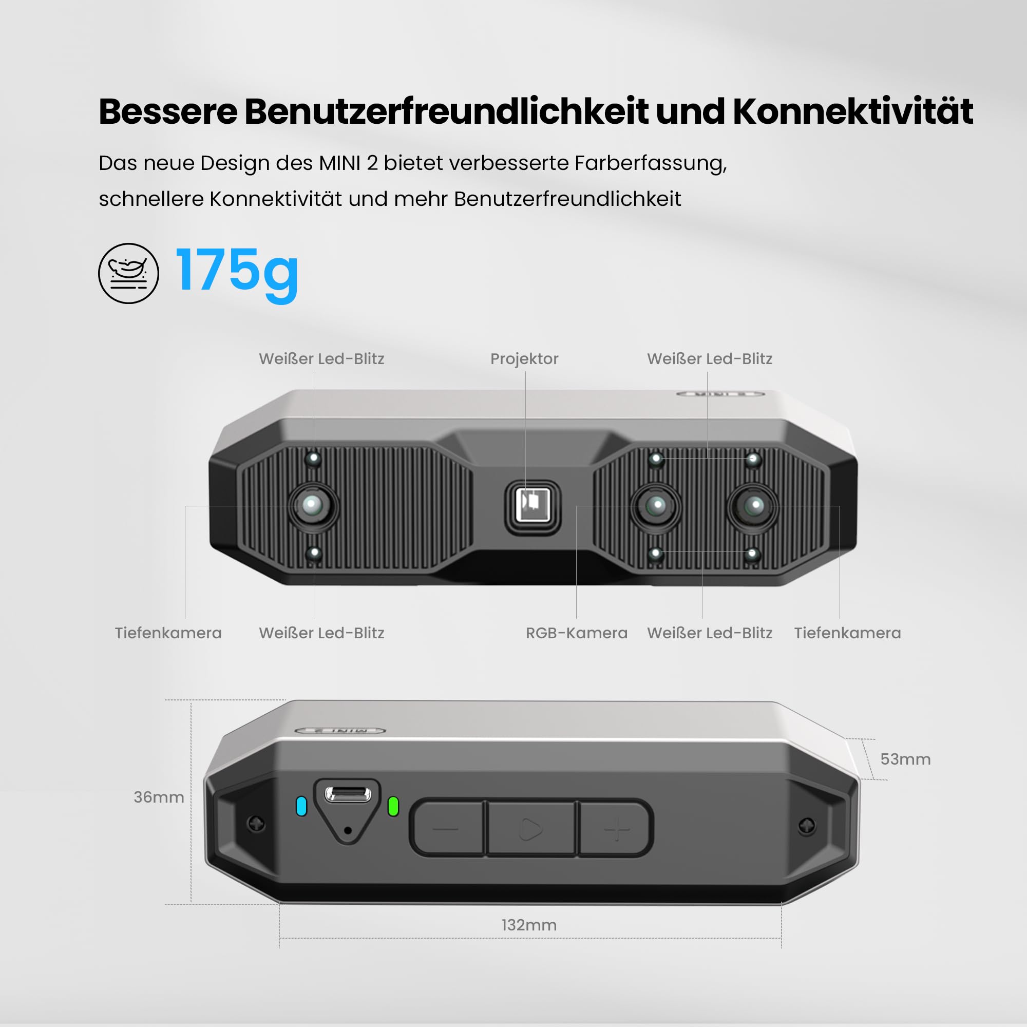 Revopoint MINI 2 Handheld 3D Scanner für 3D Druck, 0.02mm Präzision, 16 fps schnelles Scannen, Industrielles Blaulicht, Portabler Farb-3D-Modellscanner für Dental, Schmuck & kleine Objekte, Advanced
