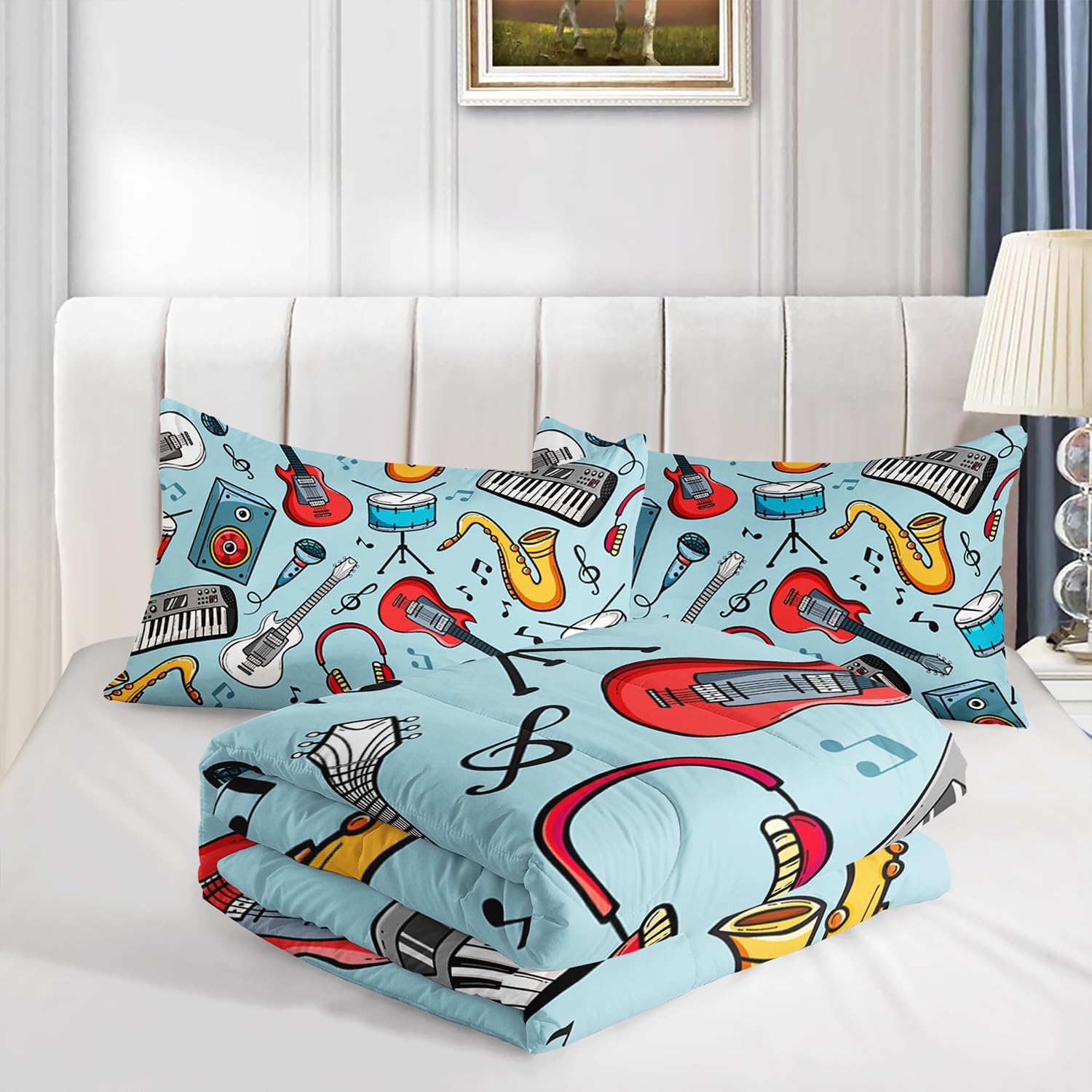 Yellow Saxophone Music Band Comforter 3Pcs Twin Musical Note Headphone Guitar Speaker Bedding Set for Kid Teen Girl Boy Adult Rock Drum Keyboard Quilt Bed Decor with 1 Comforter +2 Pillowcases
