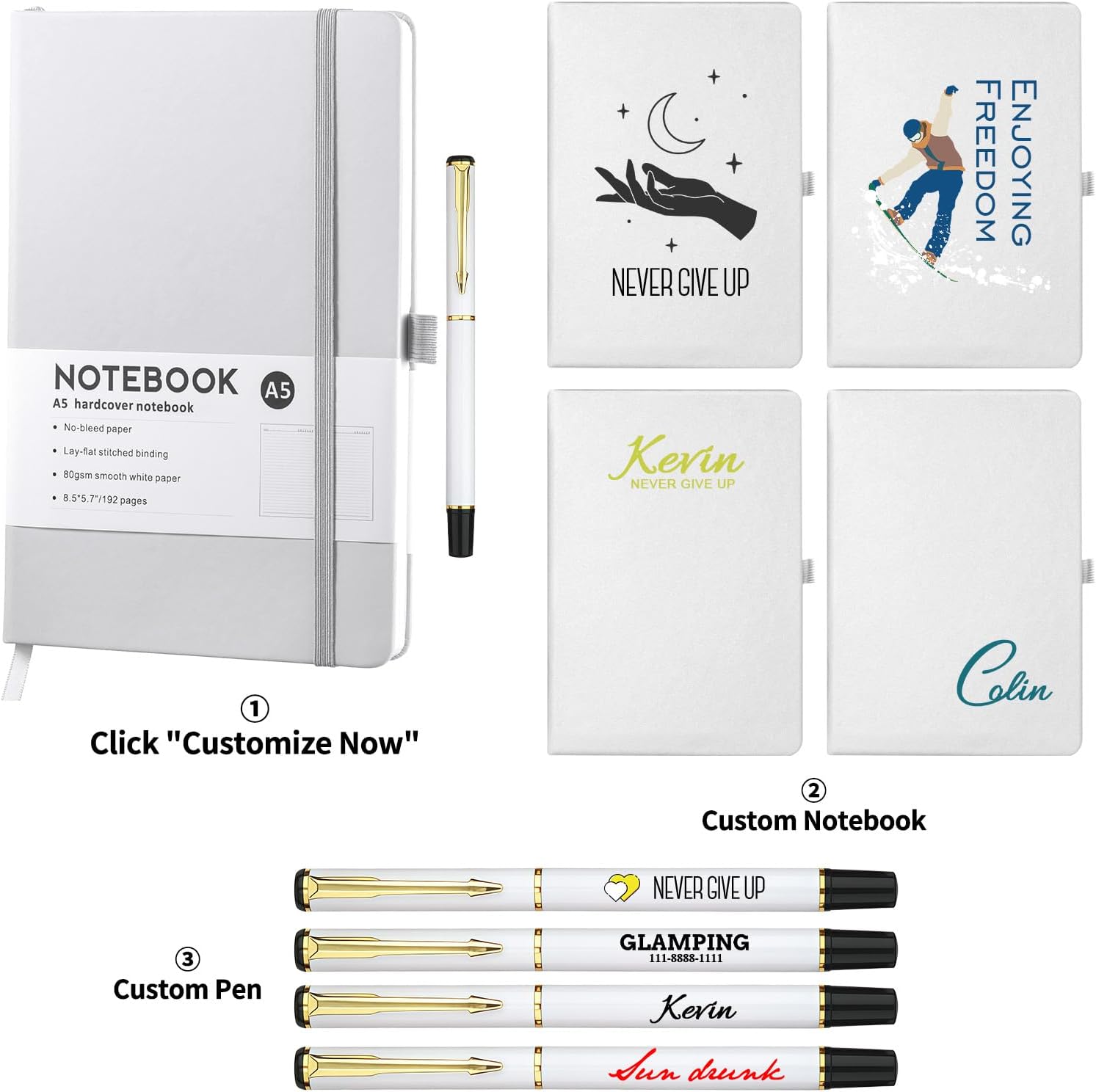 Personalized Custom Notebook and Pen Set with Your Logo/Text/Image, Notebooks for Business School, Customizable A5 Journal with Ballpoint Pen,192 Pages, 8.3 x 5.8 Inches, White - Image 2