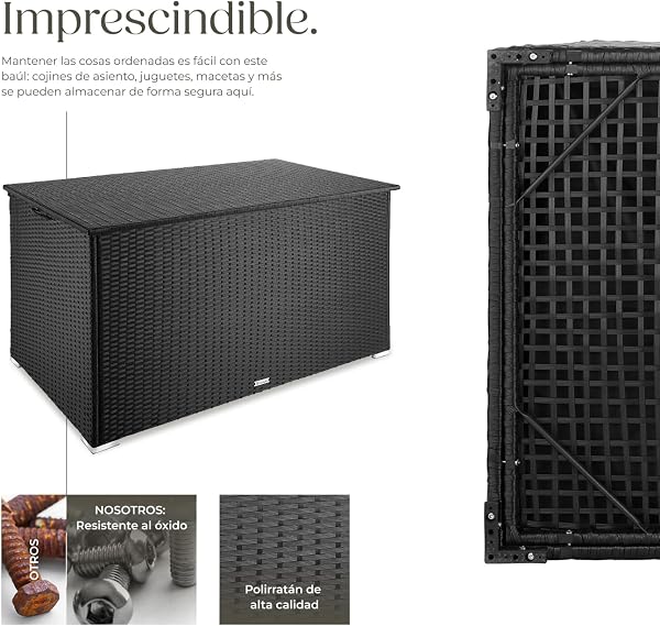 tectake Baúl de Almacenaje Exterior con 750 l de Capacidad, Arcón Exterior Atemporal de Poli ratán Resistente con Forro Interior Extraíble, Cofre para Jardín Exterior o Terraza - Negro - 3