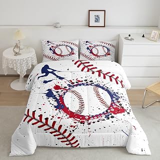 Castle Fairy Baseball Bedding Set Full Size Graffiti Red Navy Blue Comforter Set 3pcs for Kids Boys Teens Bedroom Decor Ball Sports Gaming Quilted Duvet Baseball Player White Bedspread,2 Pillowcases