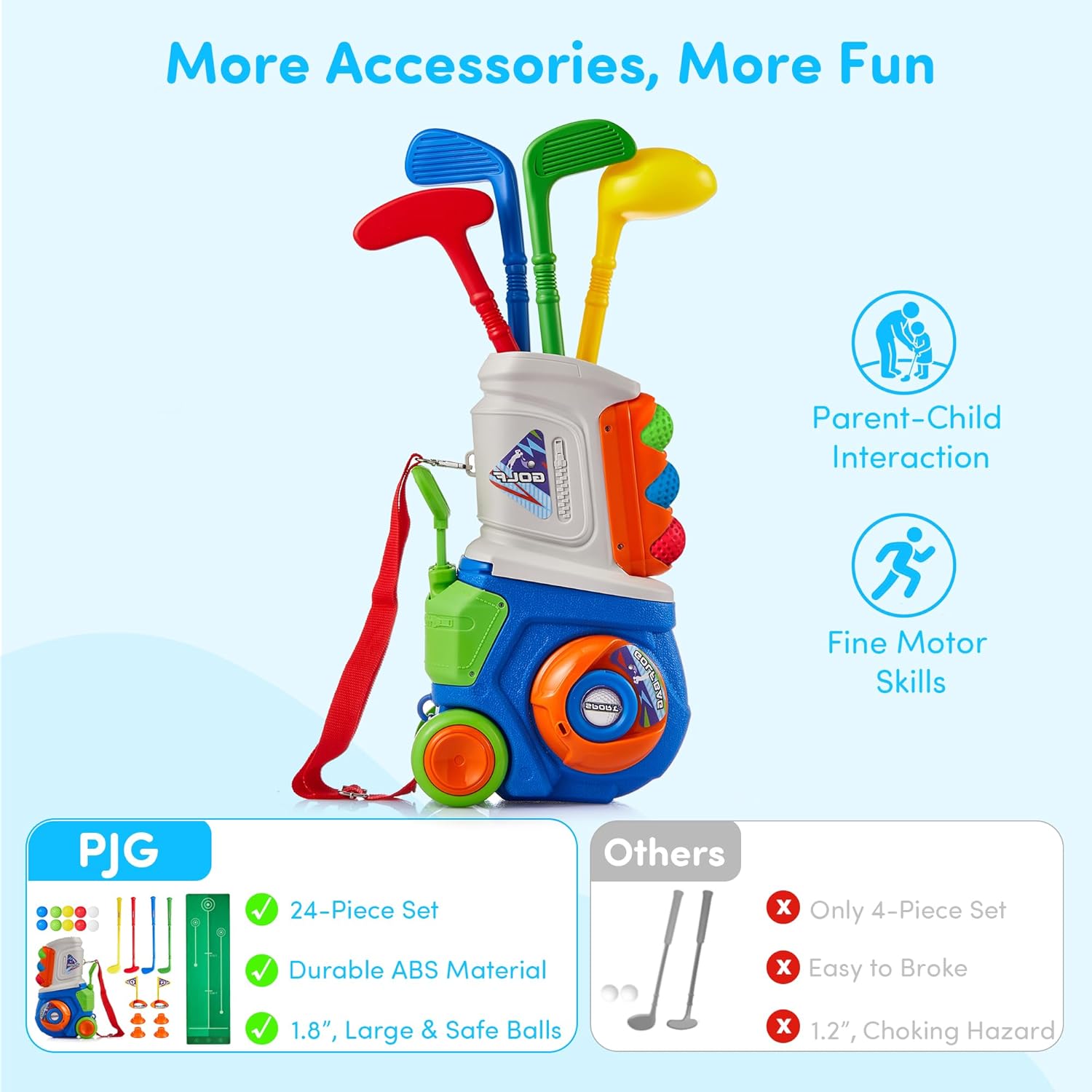 PJG Toddler Golf Set with Mat, Plastic Kids Golf Clubs Ages 1 2 3 4 5 Years Old with 4 Golf Clubs and 10 Balls, Toddler Golf Toys with Cart for Boys and Girls Birthday (Blue)