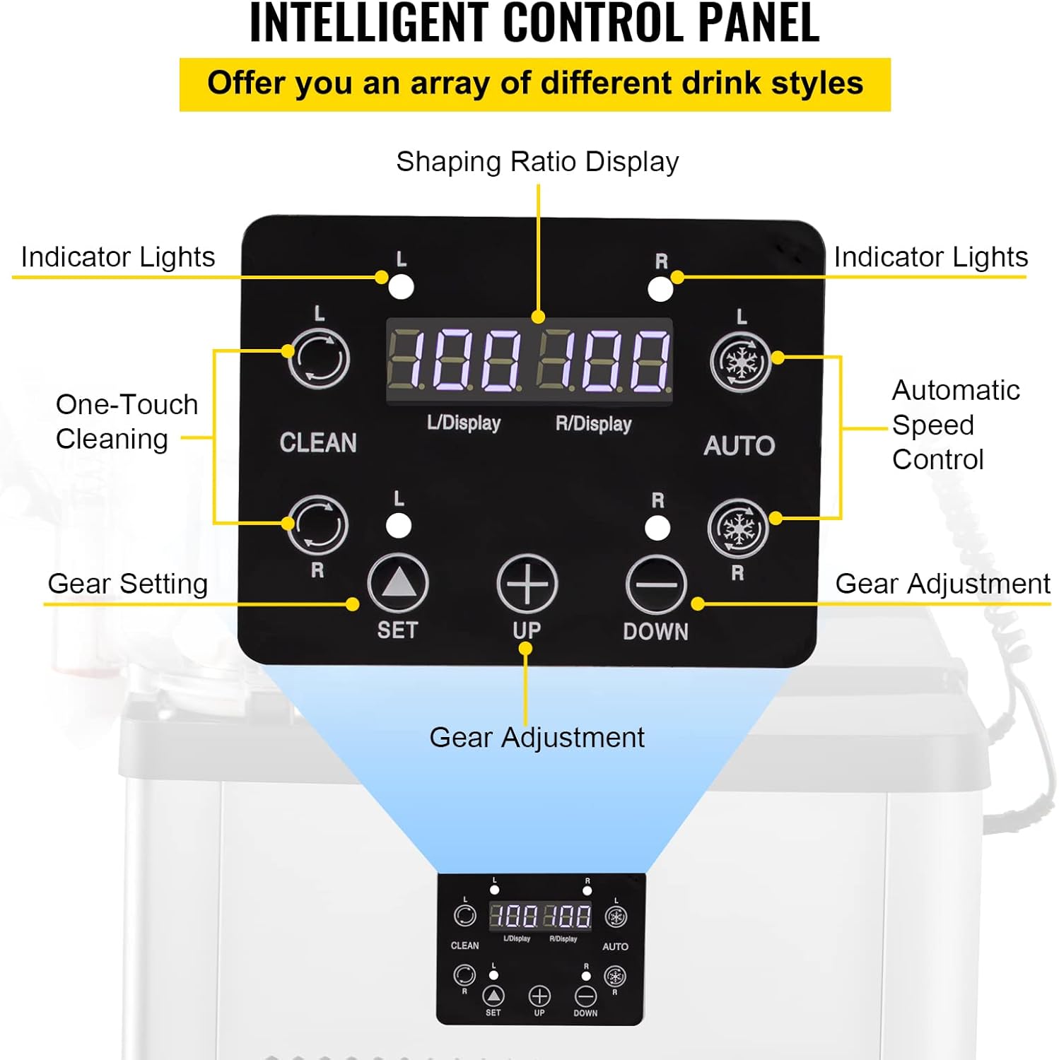 Detailed view of the Intelligent Control Panel of the VEVOR Slushy Machine, showing indicator lights, shaping ratio display, one-touch cleaning, automatic speed control, gear setting, and gear adjustment buttons.