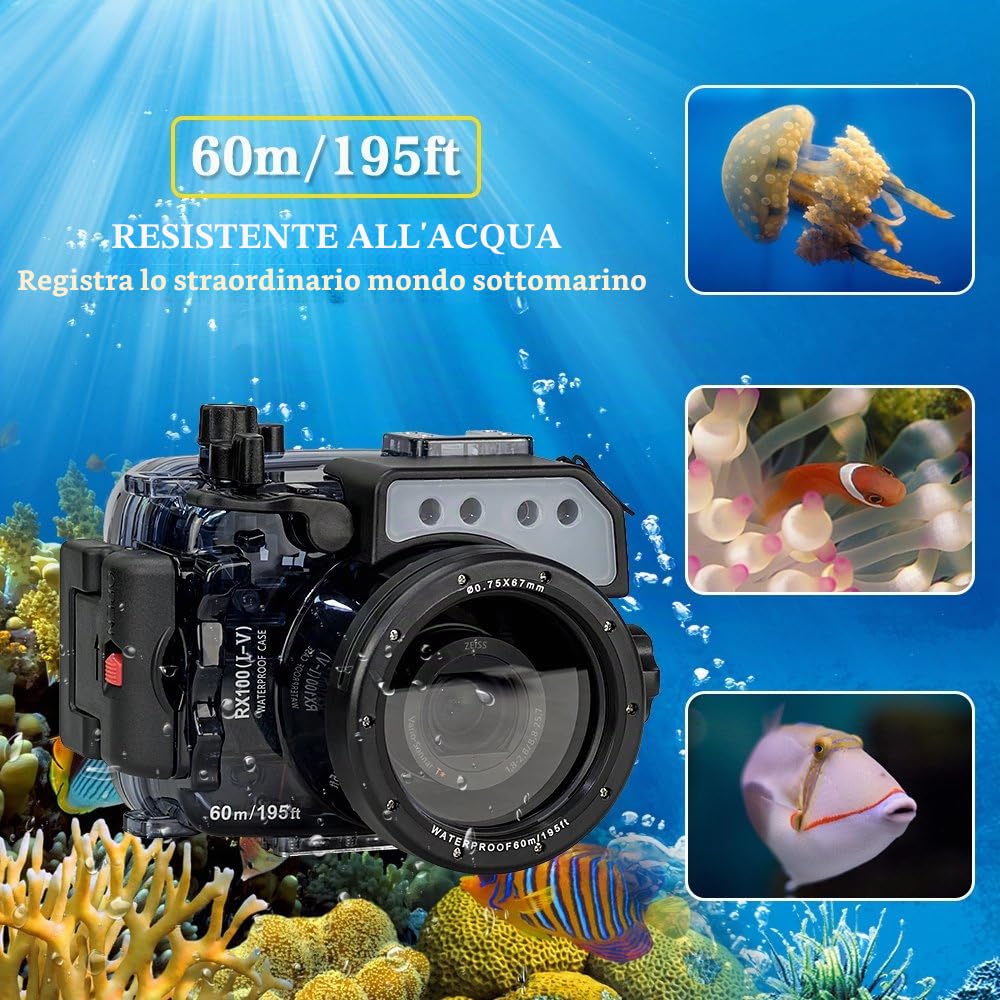 Custodia professionale subacquea per fotocamera, 60 m, custodia impermeabile per Sony RX100I-RX100V, con sistema di allarme perdita, supporto hot shoe, compatibile con obiettivi Fish-Eye da