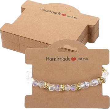 Piriuuo 50 Pcs Bracelet Display Cards, Jewelry Display Card Bracelet Packaging for Small Business Handmade with Love Jewelry Tags for Selling Hair Ties, Bracelet, Necklace, EarringsBrown