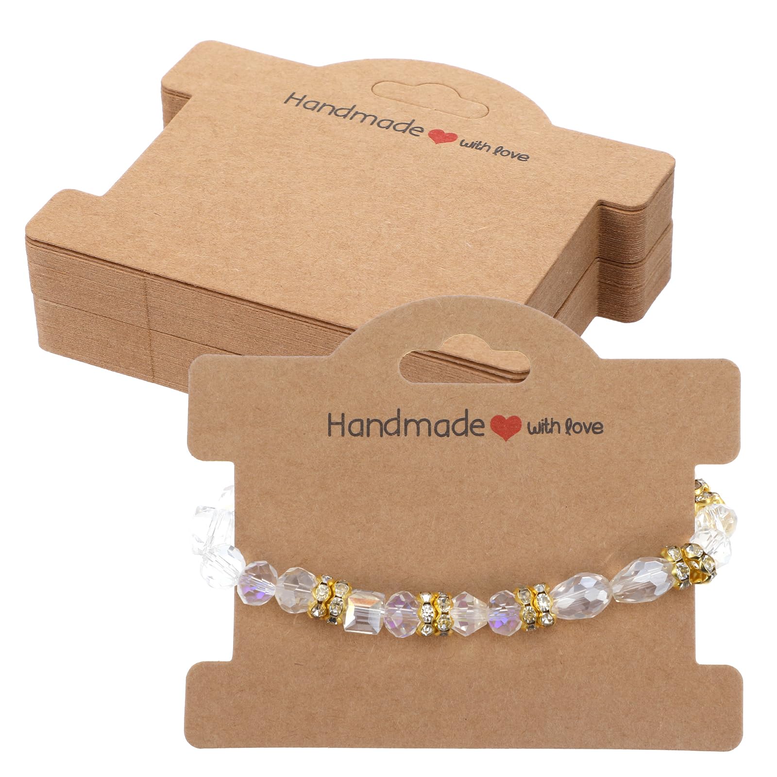 50 Pcs Bracelet Display Cards, Jewelry Display Card Bracelet Packaging for Small Business Handmade with Love Jewelry Tags for Selling Hair Ties, Bracelets, Necklace, Earrings(Brown)