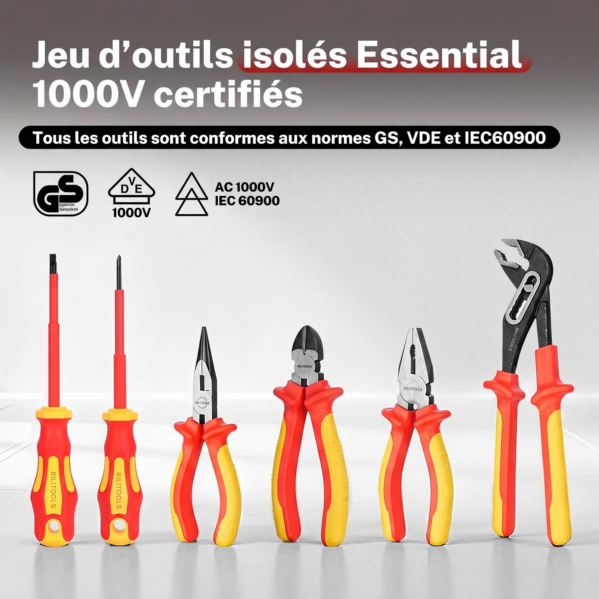 BILITOOLS Tournevis Électricien VDE 1000V 12 Pièces avec Pinces | Kit Outils Électricien Professionnel Isolé avec Poignées Antidérapantes, Pointes Magnétiques, Tournevis et Pinces