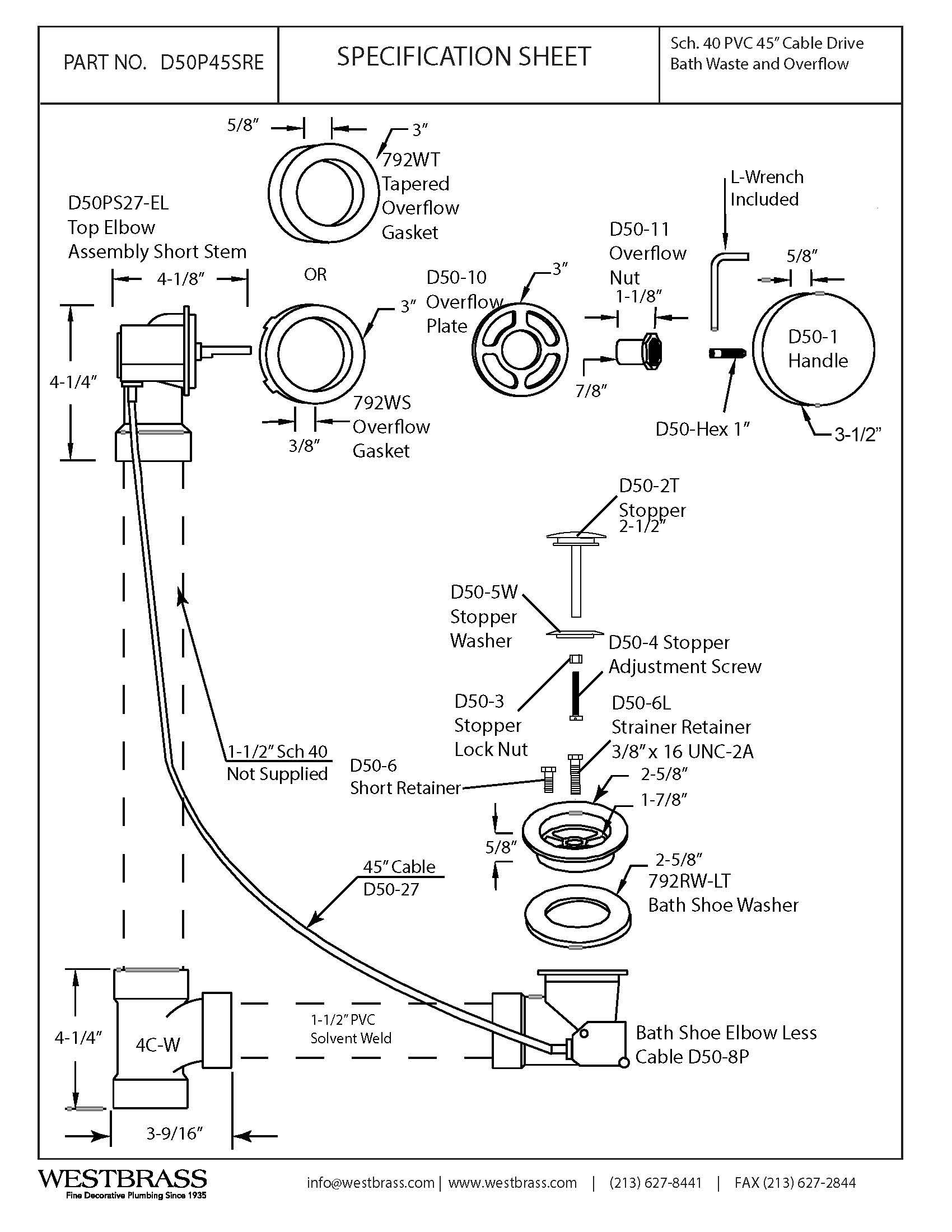 Westbrass D50P45SRE-01 - Tapón de desagüe para bañera de 45 pulgadas con perilla giratoria de desbordamiento, tapón emergente SCH. 40 accesorios de PVC, latón pulido