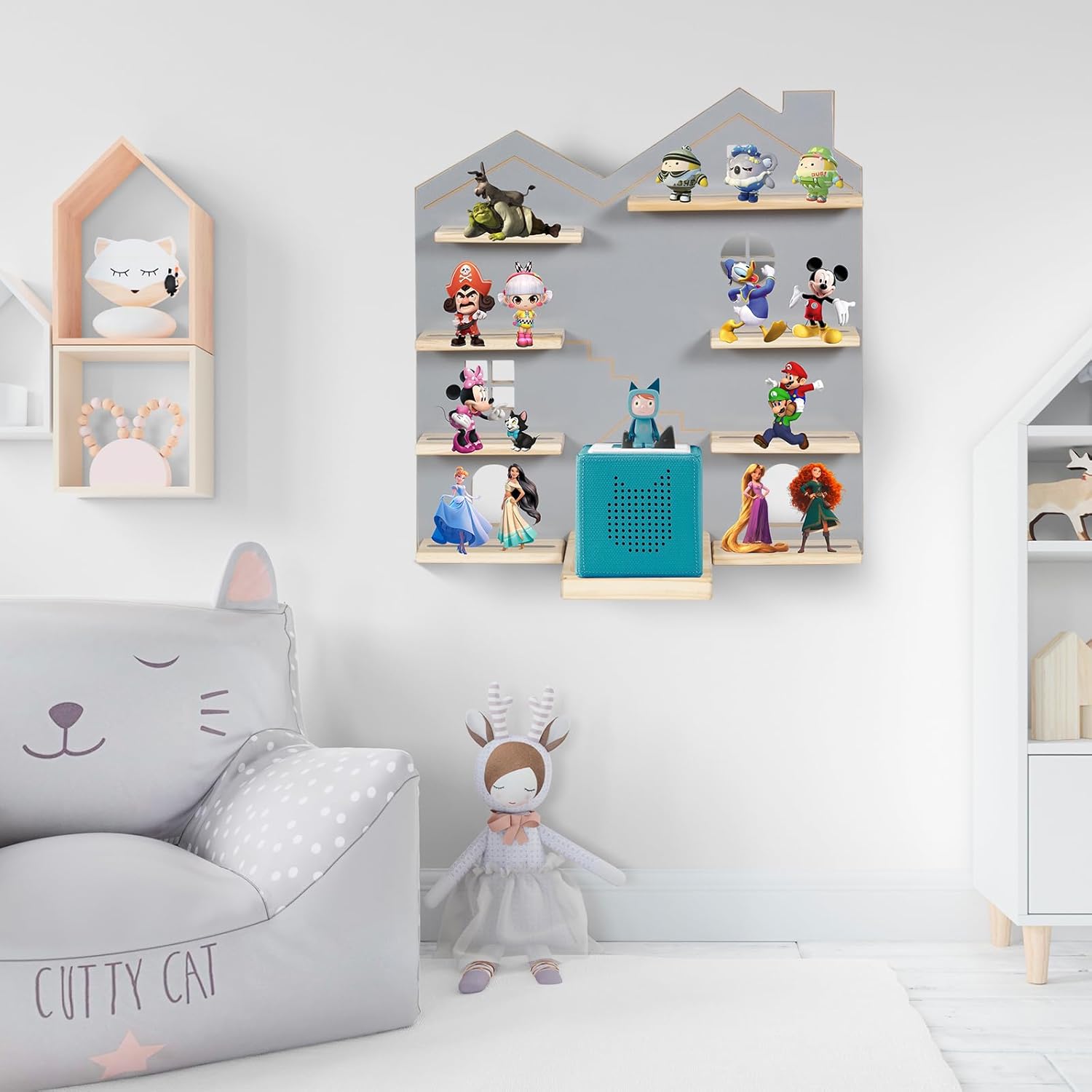 Large Tonie Shelf House for Toniebox,Magnetic Wooden Floating Shelves Compatible with Tonie Accessories, Characters & Figures, Display Collection，Tonie Shelf（Grey L）