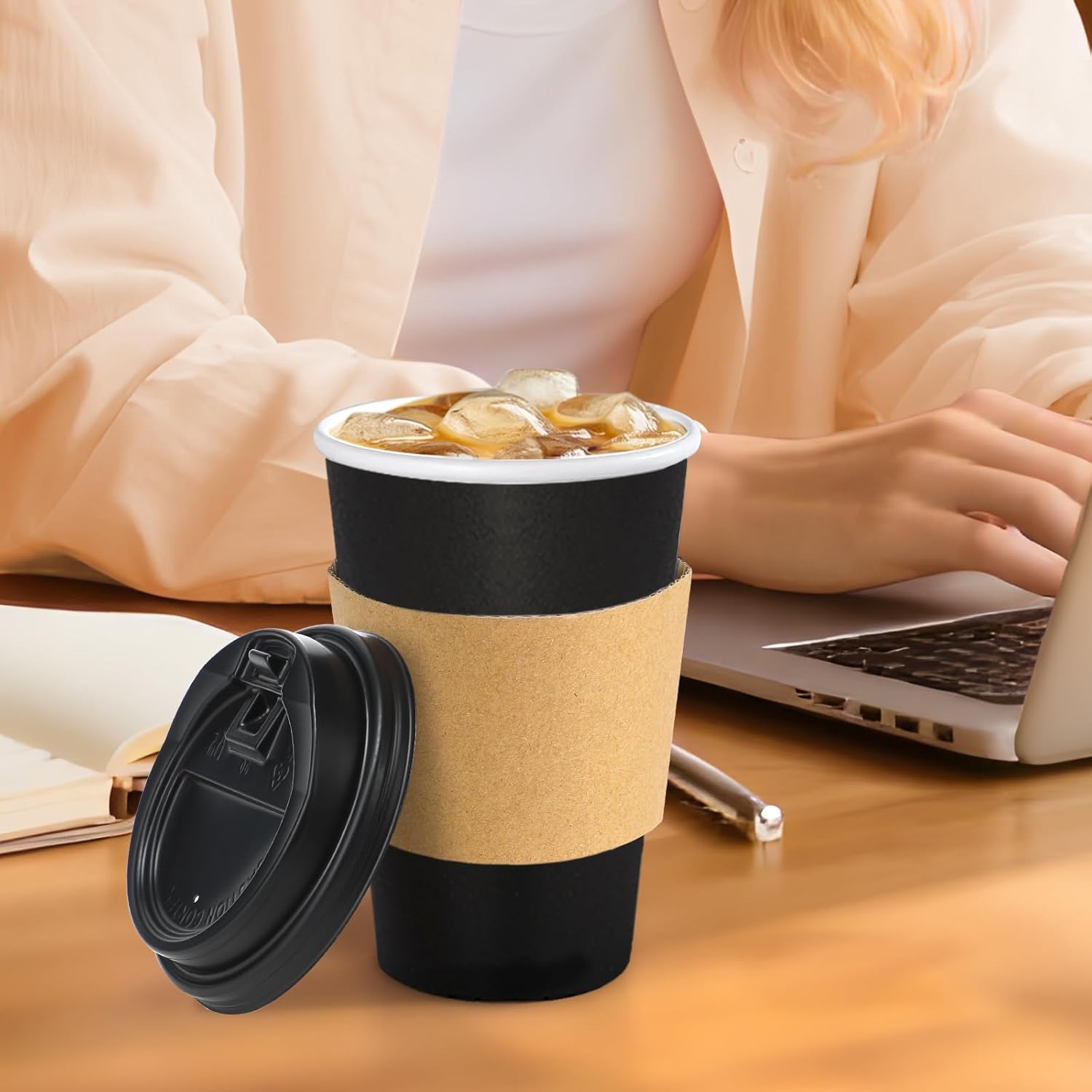 Lamosi 100 Pack 16 oz Disposable Coffee Cups with Lids and Sleeves, Black Leak-Proof To Go Coffee Cups with Lids, Hot/Cold Beverage Black Drinking Cup for Home, Office, Parties, Travel - Image 6