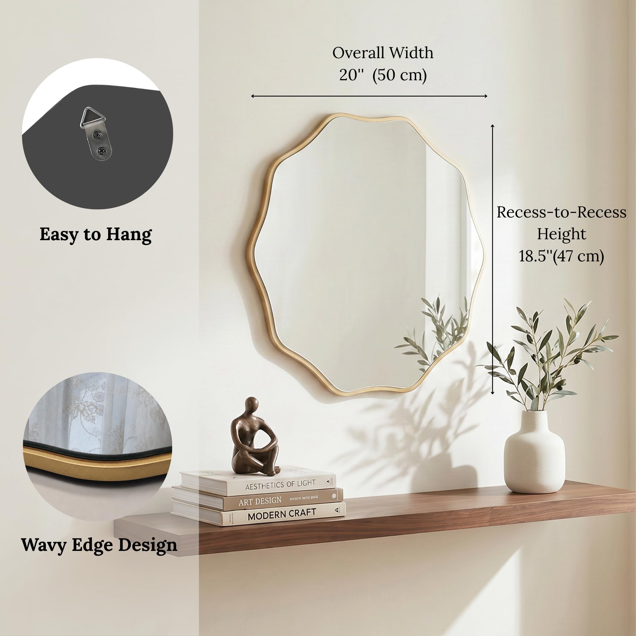 PERFNIQUE Specchio da parete rotondo ondulato con cornice in legno, specchio decorativo da appendere o appoggiare, specchio da bagno, specchio da corridoio, soggiorno, design in legno naturale (oro