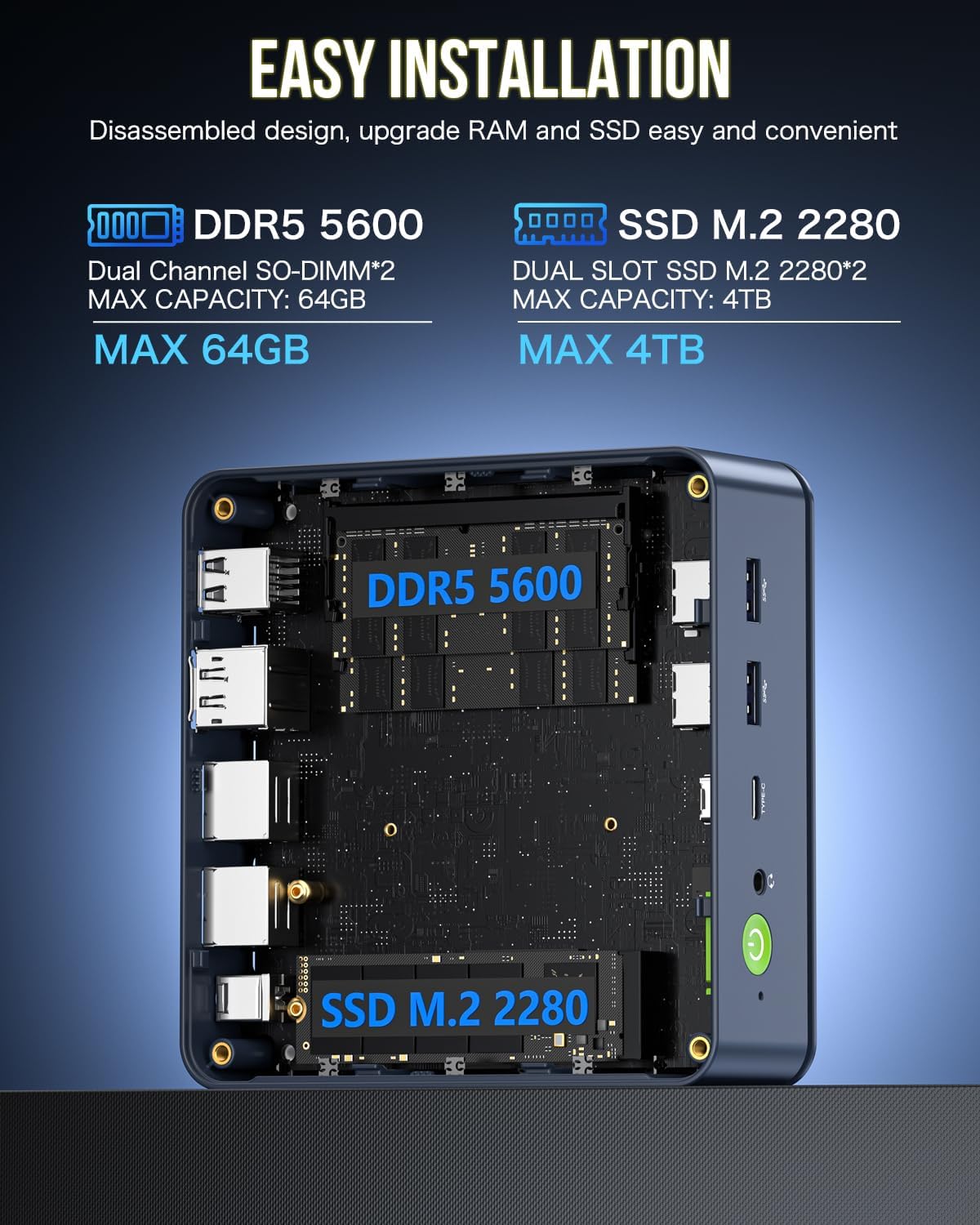 GMKtec Mini PC Gaming, K6 Ryzen 7 7840HS Dual NIC LAN 2,5 Gbps Microcomputer, 32 GB DDR5 (16 GB*2) 1 TB PCIe 4.0 2280 NVMe SSD, USB 4.0, HDMI, DP, USB-C, WiFi 6, BT 5.2, PC desktop