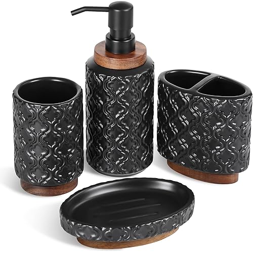 Bathroom Accessories Set 4 Pcs Toothbrush Holder Soap Dispenser Ceramic and Wood Bathroom Decor Set with Toothbrush Cup Soap Dish Tumbler Black