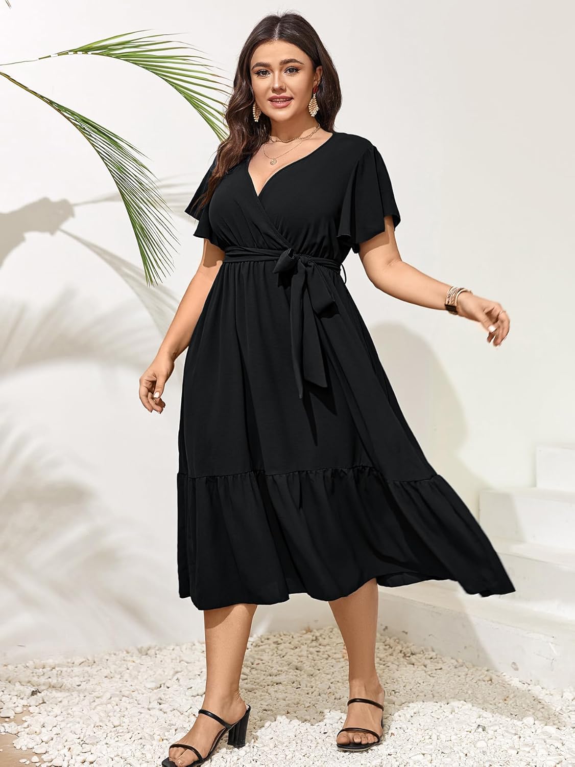SCOMCHIC Womens Plus Size Wedding Guest Dresses Summer Wrap V Neck Short Sleeve Belted Ruffle Hem A-Line Flowy Maxi Dress - Image 6