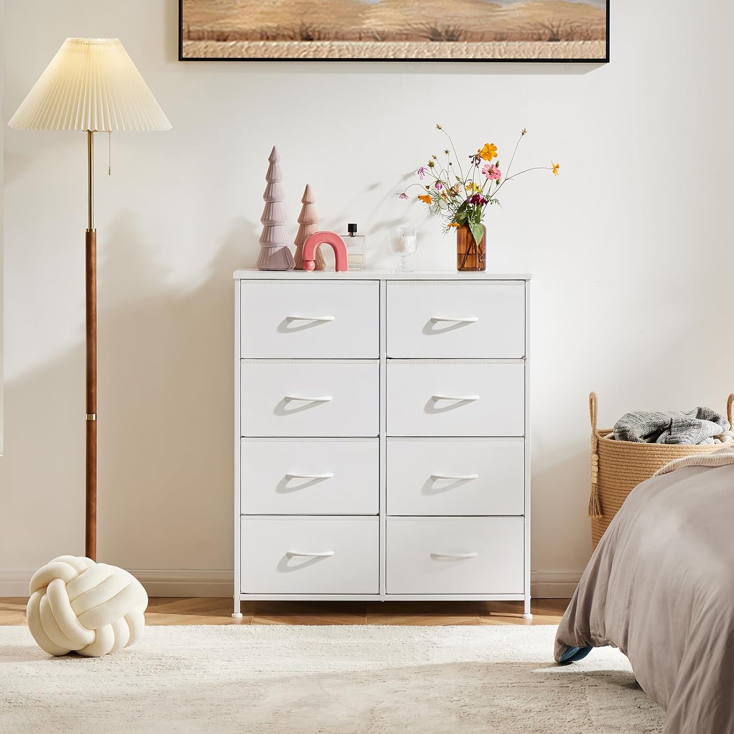 ANTONIA Dresser for Bedroom with 8 Fabric Drawers, Tall Chest Organizer Units for Clothing, Closet, Kidsroom, Storage Tower with Cabinet, Metal Frame, Wooden Top, Lightweight Nursery Furniture, White