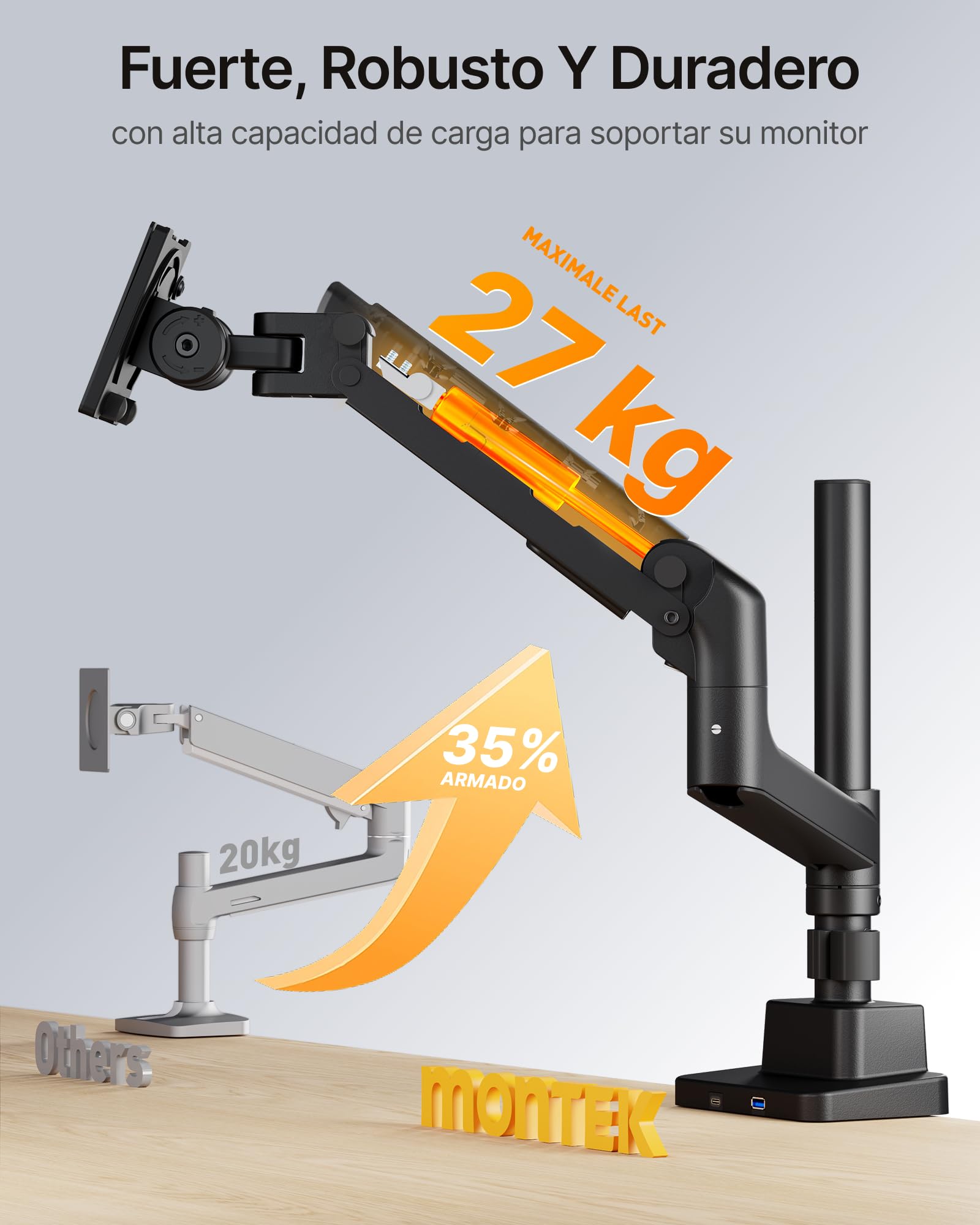 monTEK Soporte Monitor con Poste Alto y USB para 17-57" | Brazo de gas con diseño curvo para escritorios y monitores ultrapanorámicos, compatible con VESA 75x75/100x100, negro.