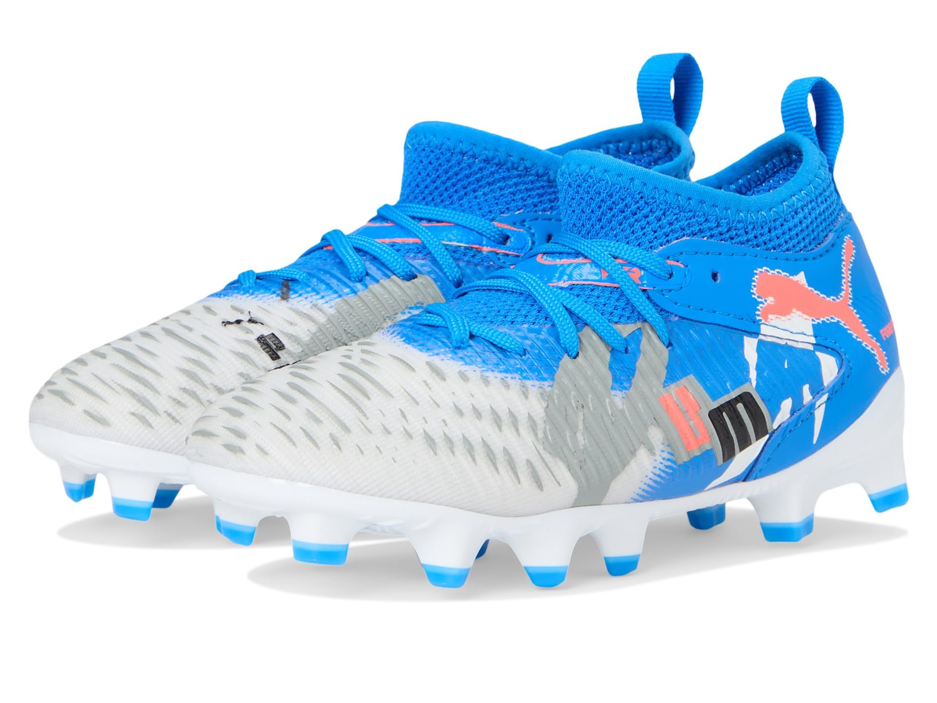 PUMA Future 8 Match Forever Firm Artificial Ground (Little Big Kid) Sneaker, White/Ultra Blue/Feather Gray Black/Glowing Red, 5.5 US Unisex