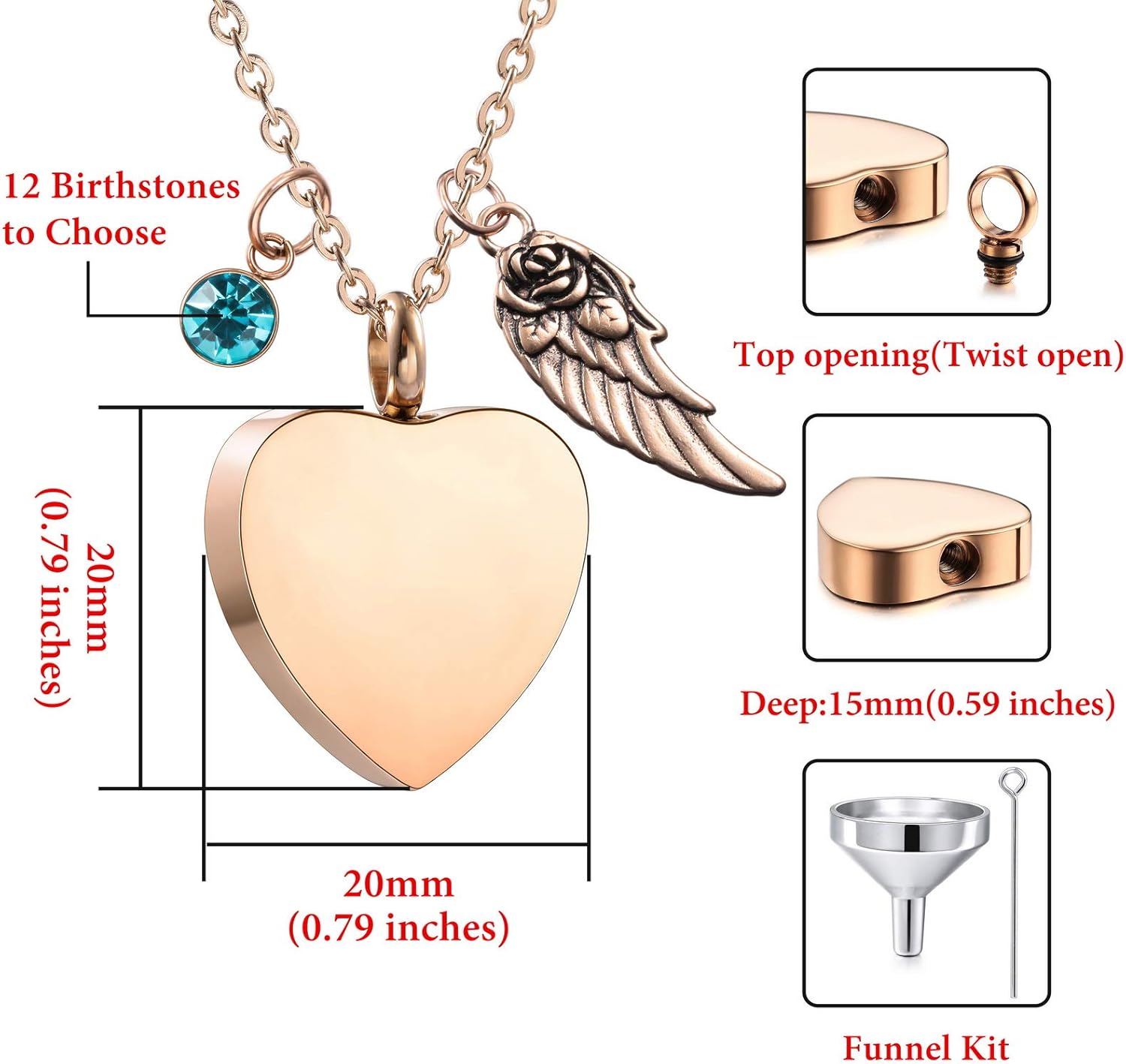 VIBOOS Personalized Urn Pendant Angel Wing Heart Necklace Custom Engraving Photo Text for Men Women Dog Cat Pet Stainless Steel Ashes Cremation Memorial Keepsake Funnel Kit Birthstone