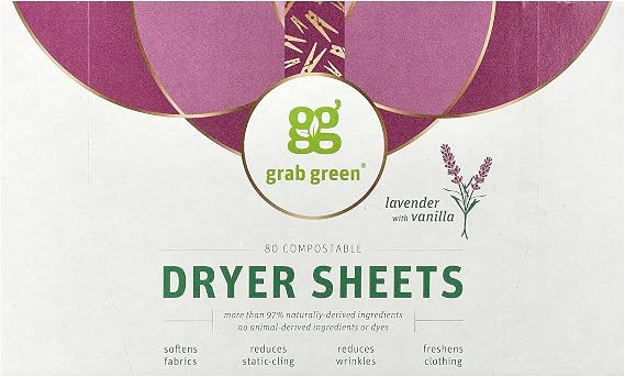Grab Green Dryer Sheets, 80 Sheets, Lavender Vanilla Scent, Plant and Mineral Based, Compostable, Softens Fabrics, Reduces Static Cling and Wrinkles