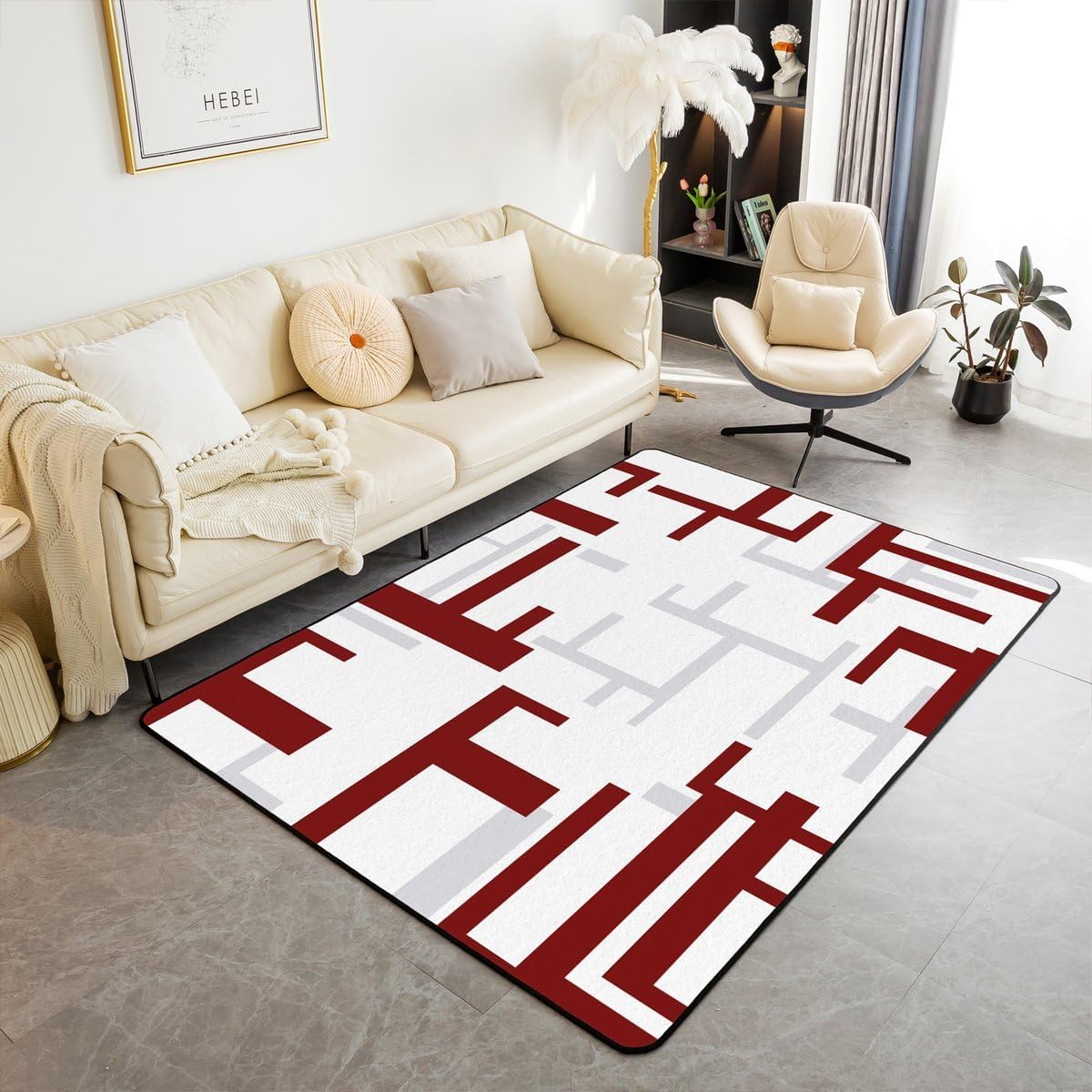 Erosebridal Geometric Area Rug 5x7 Red Grey Stripe Rug for Bedroom Living Room Abstract Stripes Carpet Decor Modern Art Indoor Floor Mat Non Slip