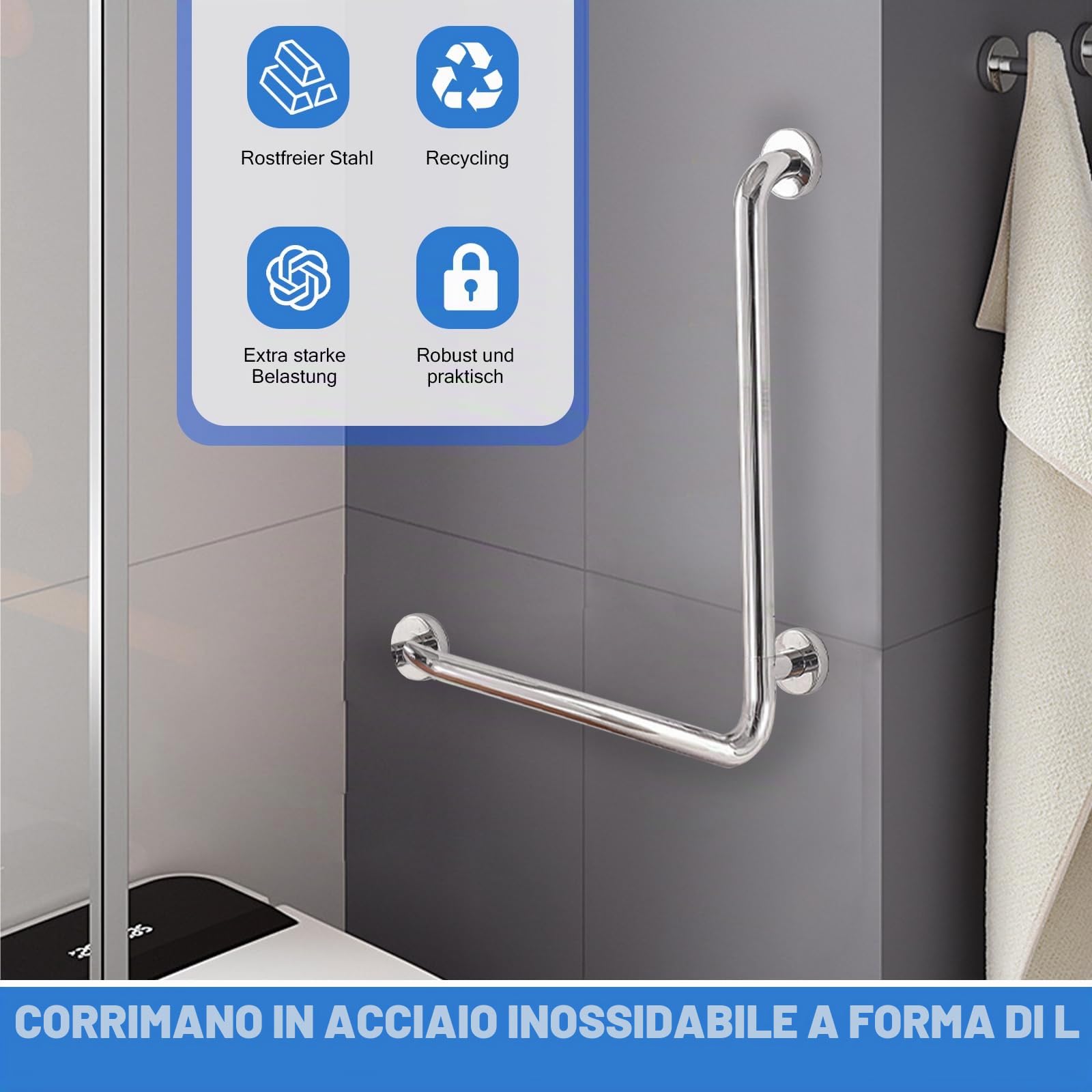 Maniglia di sicurezza da bagno, in acciaio inox lucido, 70 x 50 cm, a forma di L, per docce, angolo verticale, antiscivolo, per donne incinte, anziani e handicap (argento, sinistra)