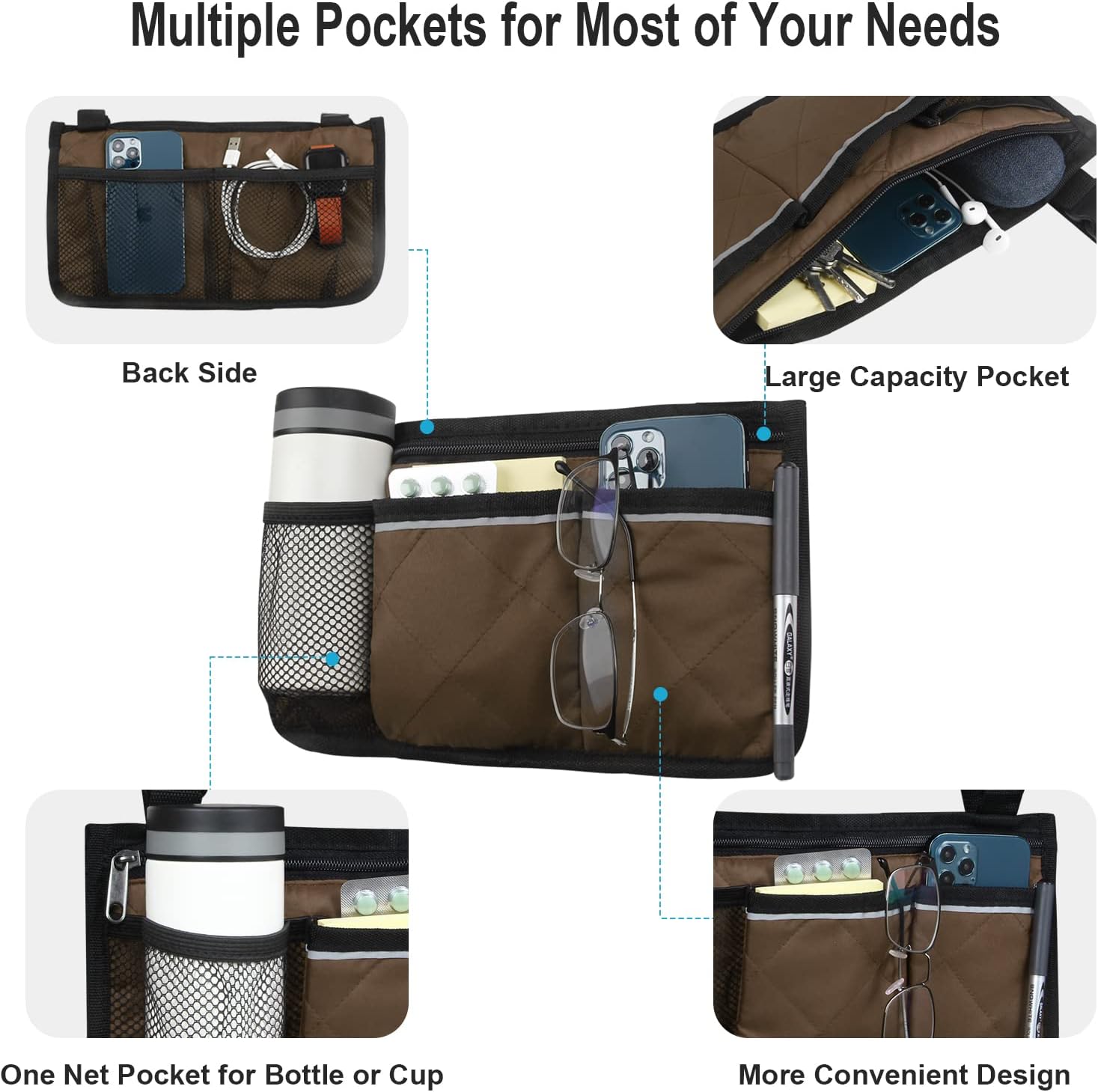 Wheelchair Side Organizer Storage Bag Armrest Pouch with Cup Hold and Reflective Strip, for Most Wheelchairs, Walkers or Rollators (Coffee) : Health & Household