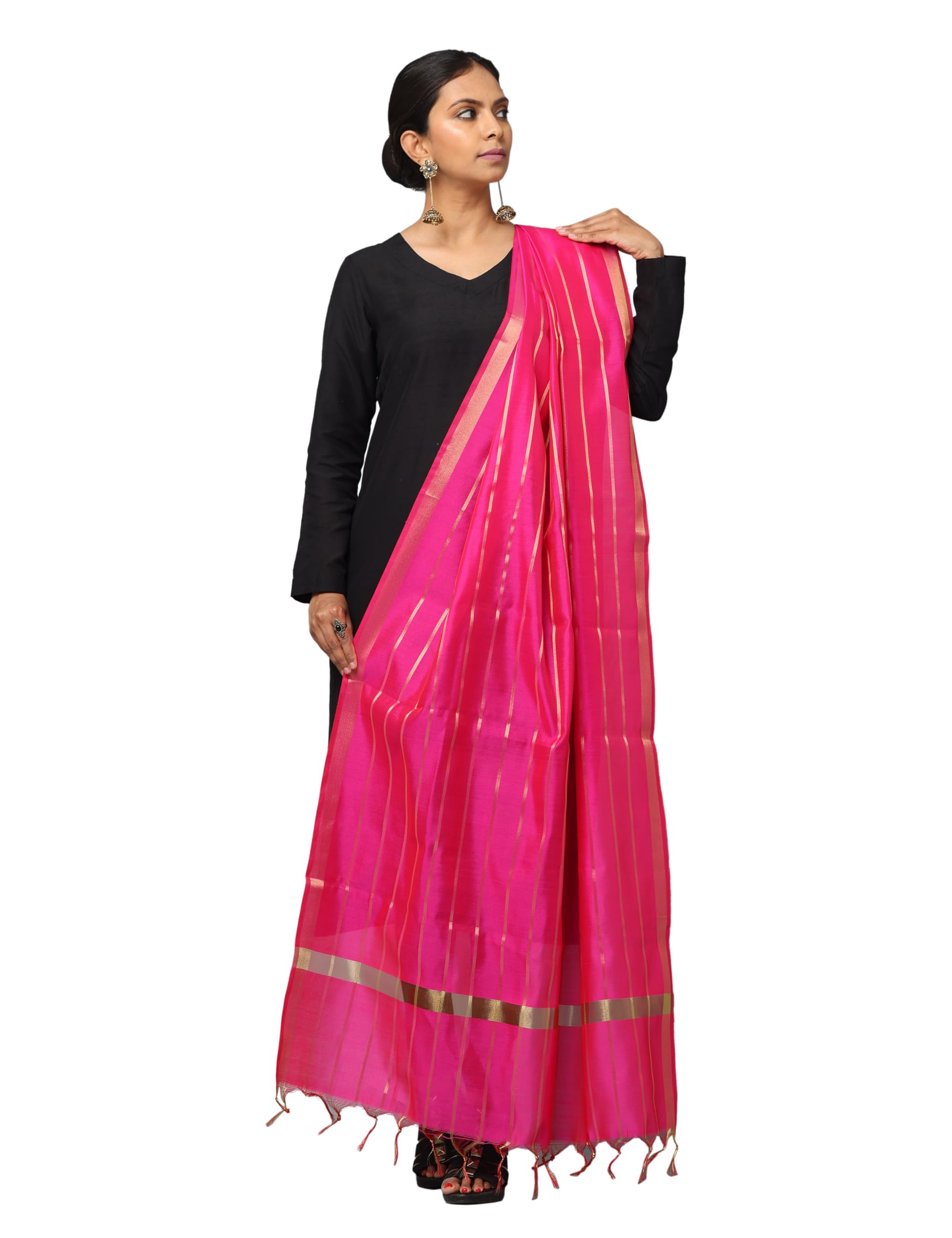 Women's Banarasi Silk Designer Dupatta with Zari Strips and Heavy Border| 2.25 Meter| chunni garbawith Tassels| Perfect for Wedding and Festivals-image-49