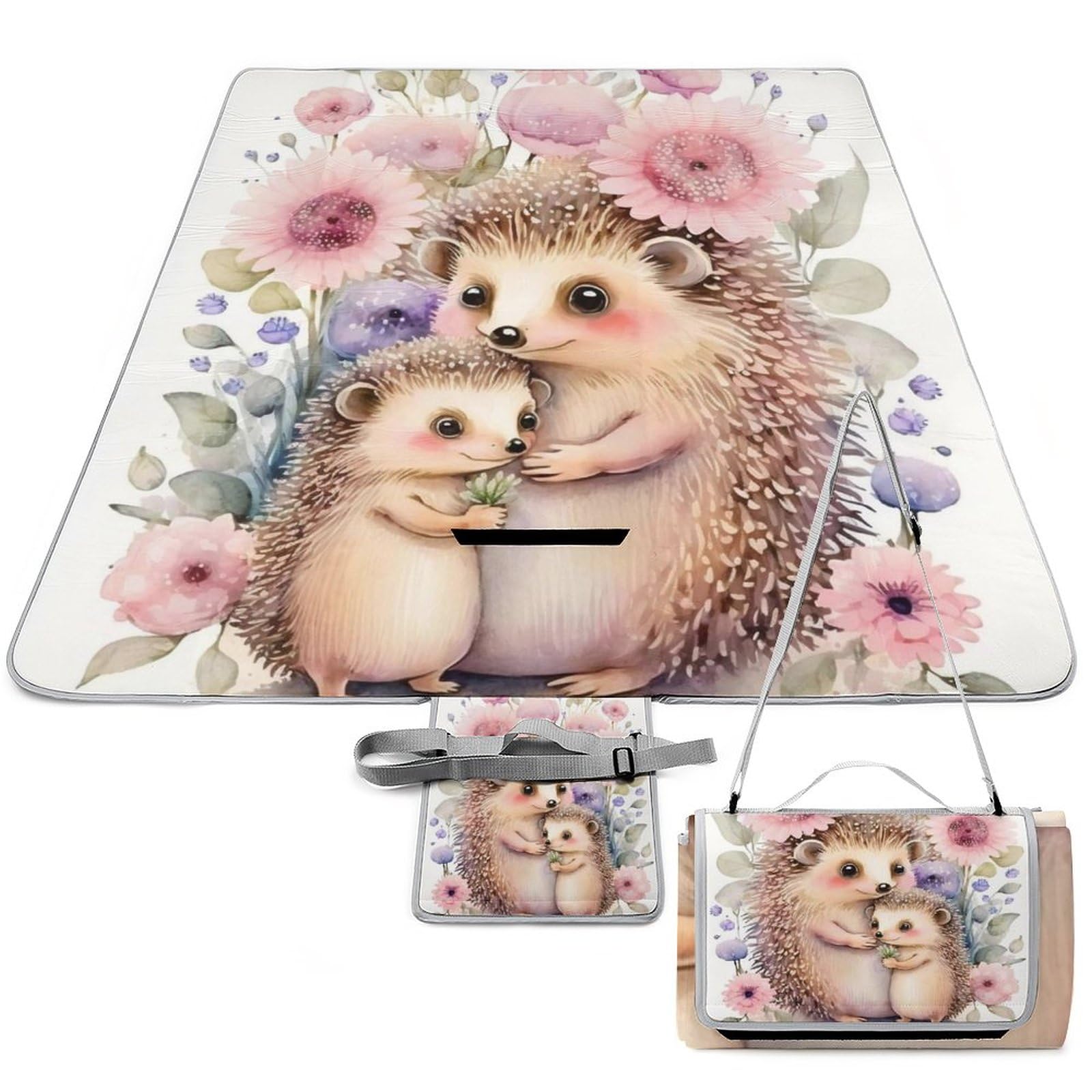 Watercolor-Hedgehogs-with-Flowers Picnic Blanket Waterproof Foldable, Large Outdoor Picnic Blanket Beach Blankets Camping Blanket Travel Mat, Shoulder Strap Tote, Rectangle 58x58in