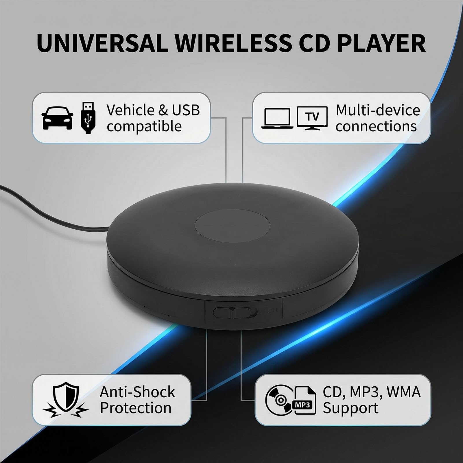 Lettore CD esterno per auto, interfaccia USB Bluetooth, lettore musicale portatile antiurto, compatibile con computer portatile e TV