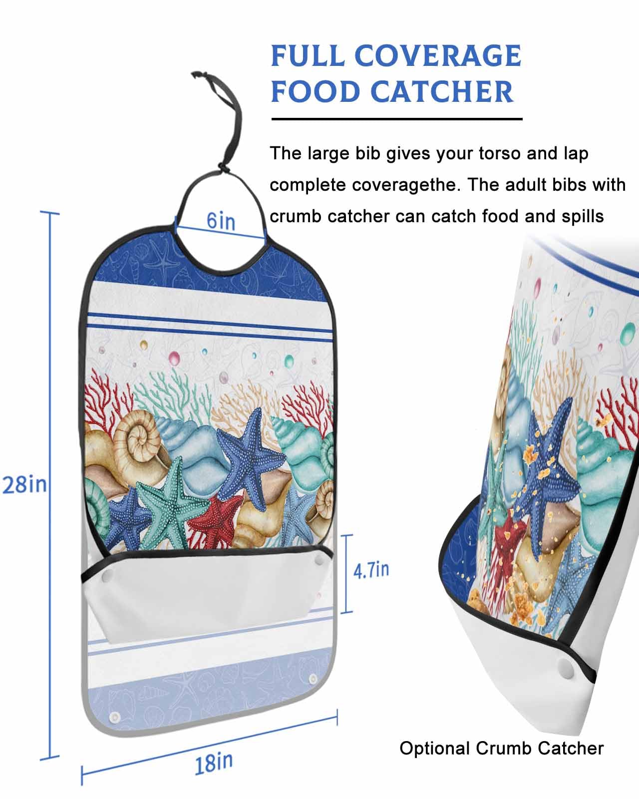 LEOKOTI Navy Blue Coastal Adult Bibs for Eating, Waterproof Bibs with Food Catcher & Snap Closure, Nautical Starfish Coral Shell Beach Ocean Washable Clothing Protectors Adult Bibs for Elderly