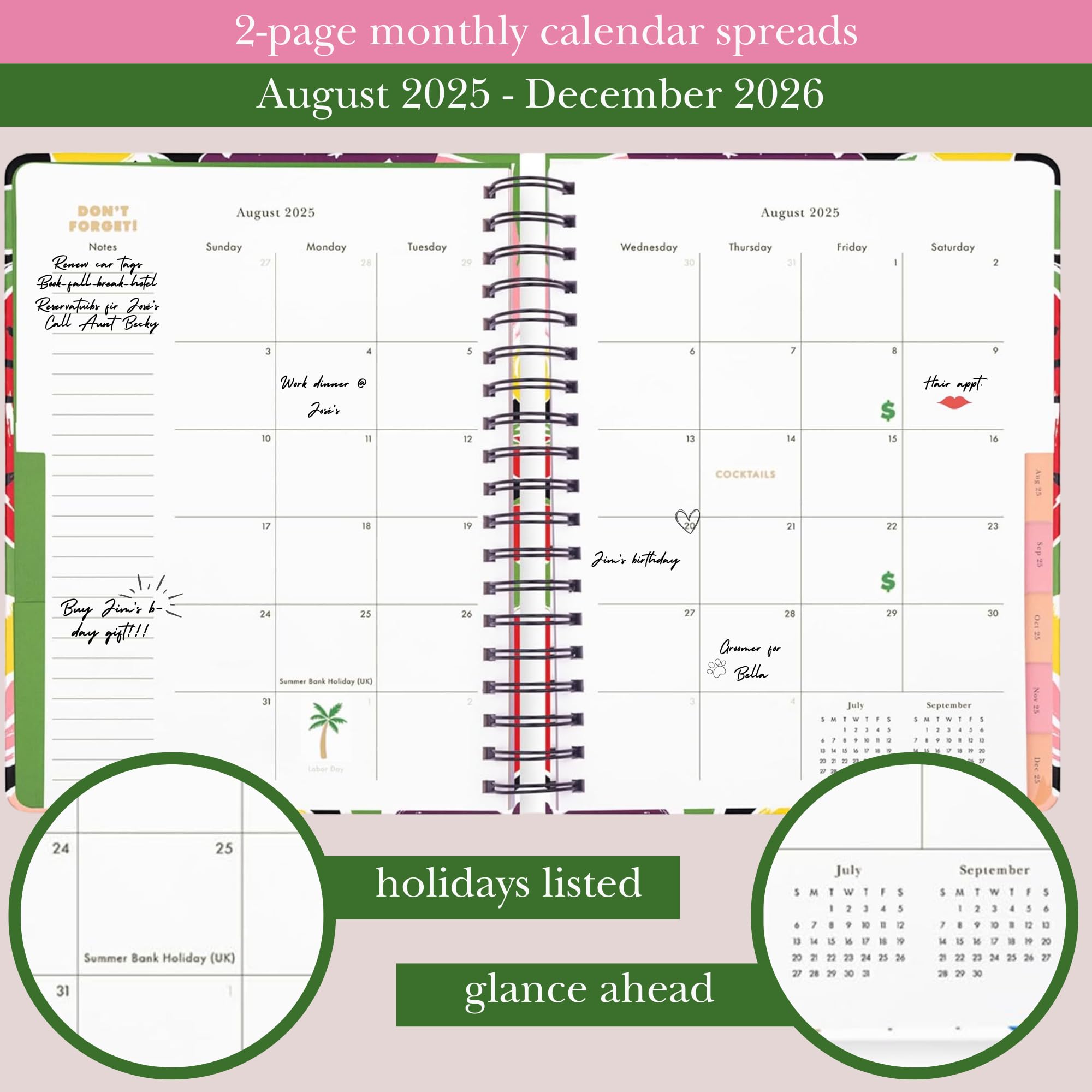 kate spade new york Agenda giornaliera 2025-2026 Mega Agenda agosto 2025-dicembre 2026, copertina rigida, settimanale e mensile, a spirale, con adesivi (frutta estiva)