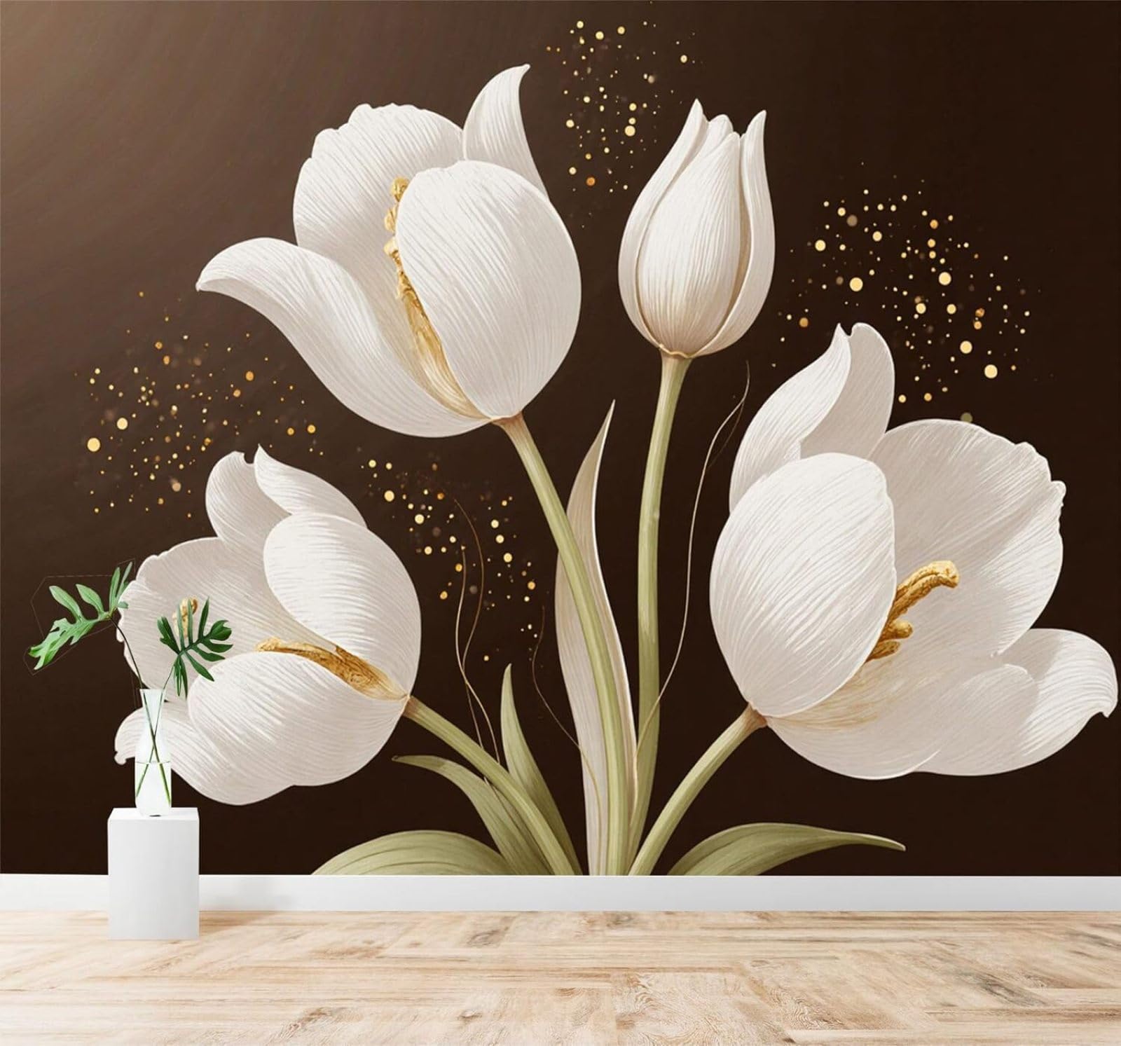 3D Papel Pintado Belleza Tulipanes Blancos Flores Detalles Dorados Fondo