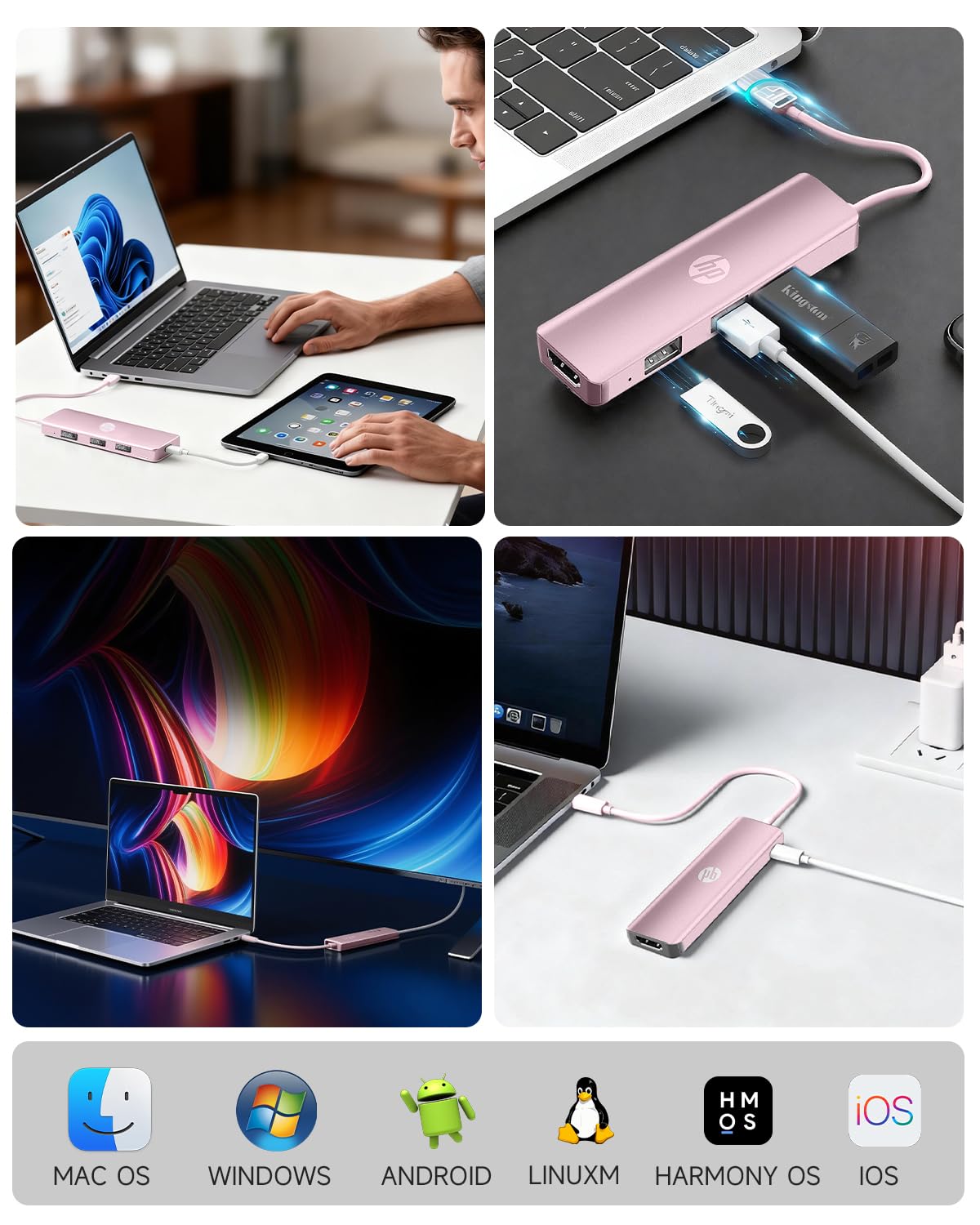 HP Docking station USB C, hub multi-porta USB C 5 in 1 con HDMI 4K, alimentazione 100 W, per laptop, MacBook, iPad, Thinkpad e altro, rosa