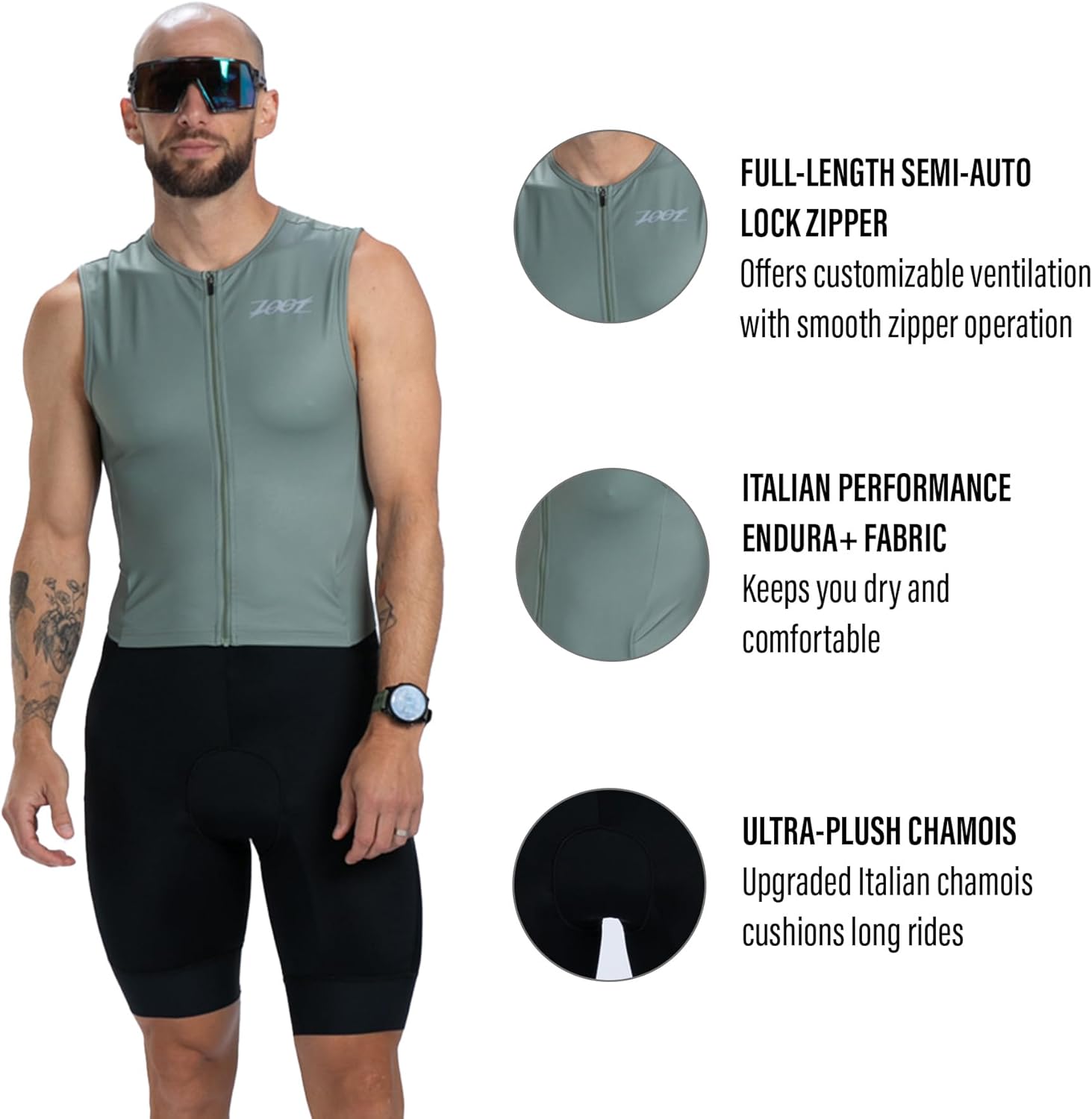 Zoot Men’s Core Sleeveless Tri Aero SLVS FZ Racesuit, Quick-Dry Sleeveless Triathlon Suit with Chamois & Race Storage - Image 2