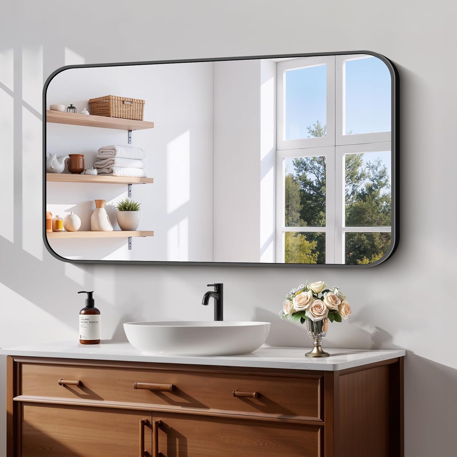 Koonmi Black Framed Bathroom Mirror - 24x42 Inch Shatterproof Tempered Glass Vanity Mirror for Bathroom Sink, Wall Mounted with Matte Aluminum Alloy Frame, No Distortion, Modern Decor Round-edged 24"x42"