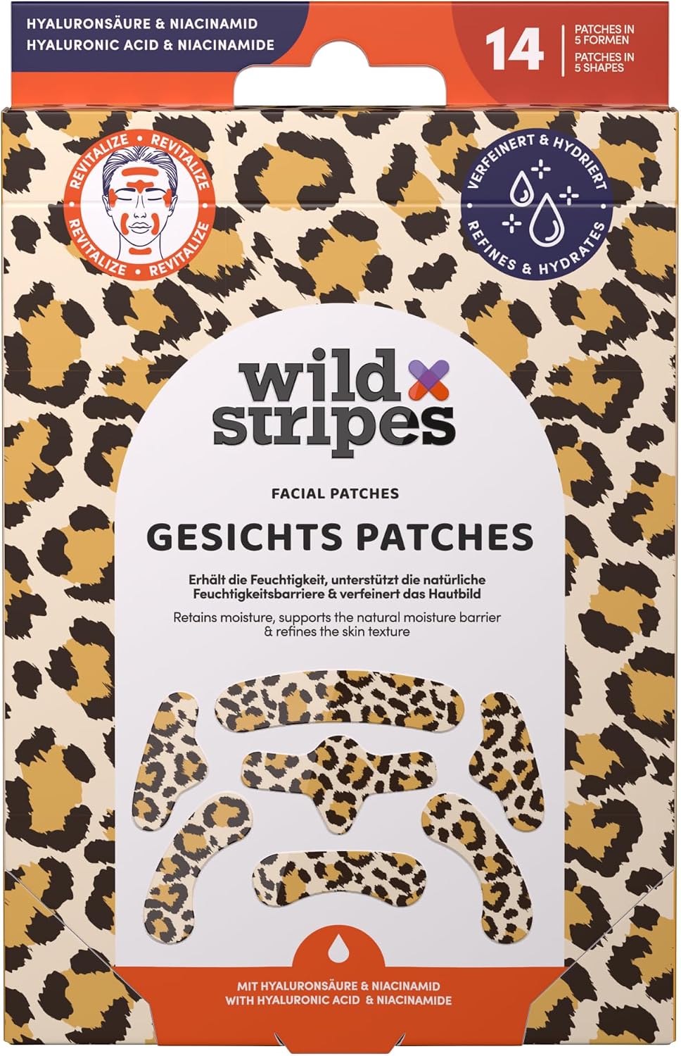 Wild Stripes Plastry do twarzy Animal Leo – plastry do twarzy z kwasem hialuronowym i niacynamidem – hydrokoloid plastry na twarz Leo Design – pielęgnacja skóry czoła, policzków i oczu (14 szt.)