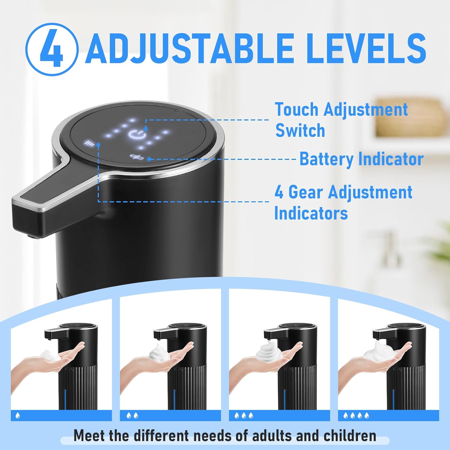 Automatic Soap Dispenser Touchless, USB Rechargeable Smart Hand Soap Dispenser, 4 Levels Adjustable, 13.5 oz/400 ml Wall Mounted for Bathroom, Kitchen (Black Foam) - Image 4