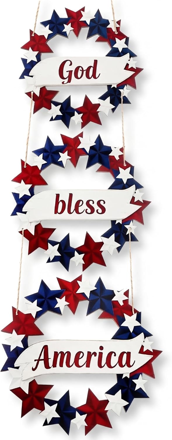 Peryiter 4th/Fourth of July Decoration 27 Inch Patriotic Wreath for Front Door Wooden Red White and Blue Star Sign Memorial Day God Bless America Decor for Porch Wall Outside, Assembly Required