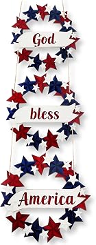 Peryiter 4th/Fourth of July Decoration 27 Inch Patriotic Wreath for Front Door Wooden Red White and Blue Star Sign Memorial Day God Bless America Decor for Porch Wall Outside, Assembly Required