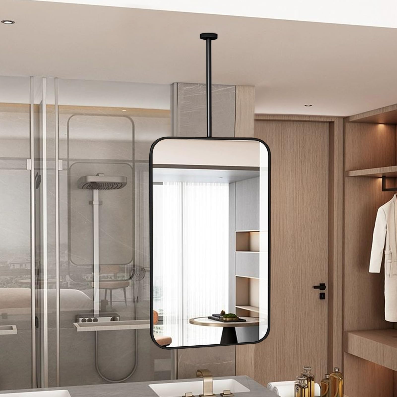 FGXHHS Modern Hanging Mirror Bathroom Vanity with Metal Frame and Boom, Floating Decorative Glass for Living Room Bedroom Cloakroom, Rectangle Ceiling Mounted Mirror(40cmx70cm)
