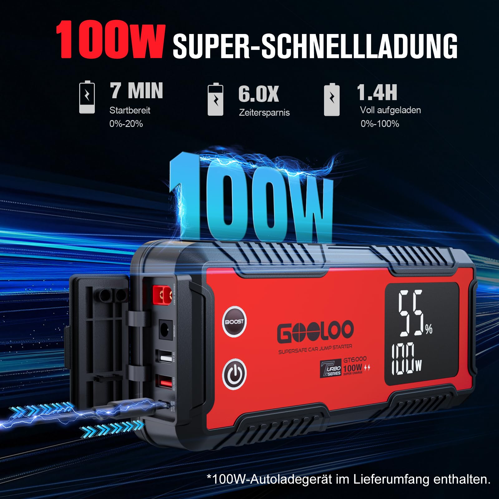 GOOLOO GT6000 Starthilfe Powerbank,6000A Peak Ultar Sicher Zweiwege-Schnellladegerät für 12V Fahrzeuge(All Benzin und 12 L Diesel), Booster Auto Starthilfe mit LED Taschenlampe UND 3,2 LED Bildschirm