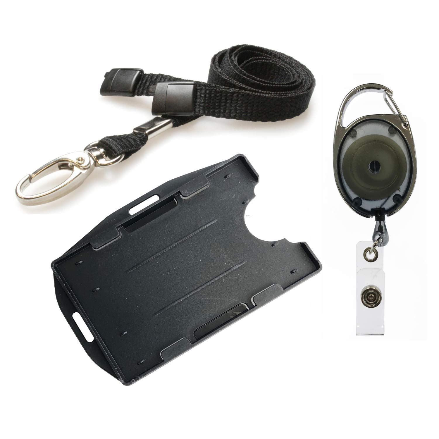 PCL Media ltd 3 Piece ID Badge Set Black Includes Metal Lobster Clip Lanyard, Retractable Badge Reel, Dual Double Sided ID Card Badge Holder (Landscape & Portrait in one Card Holder)