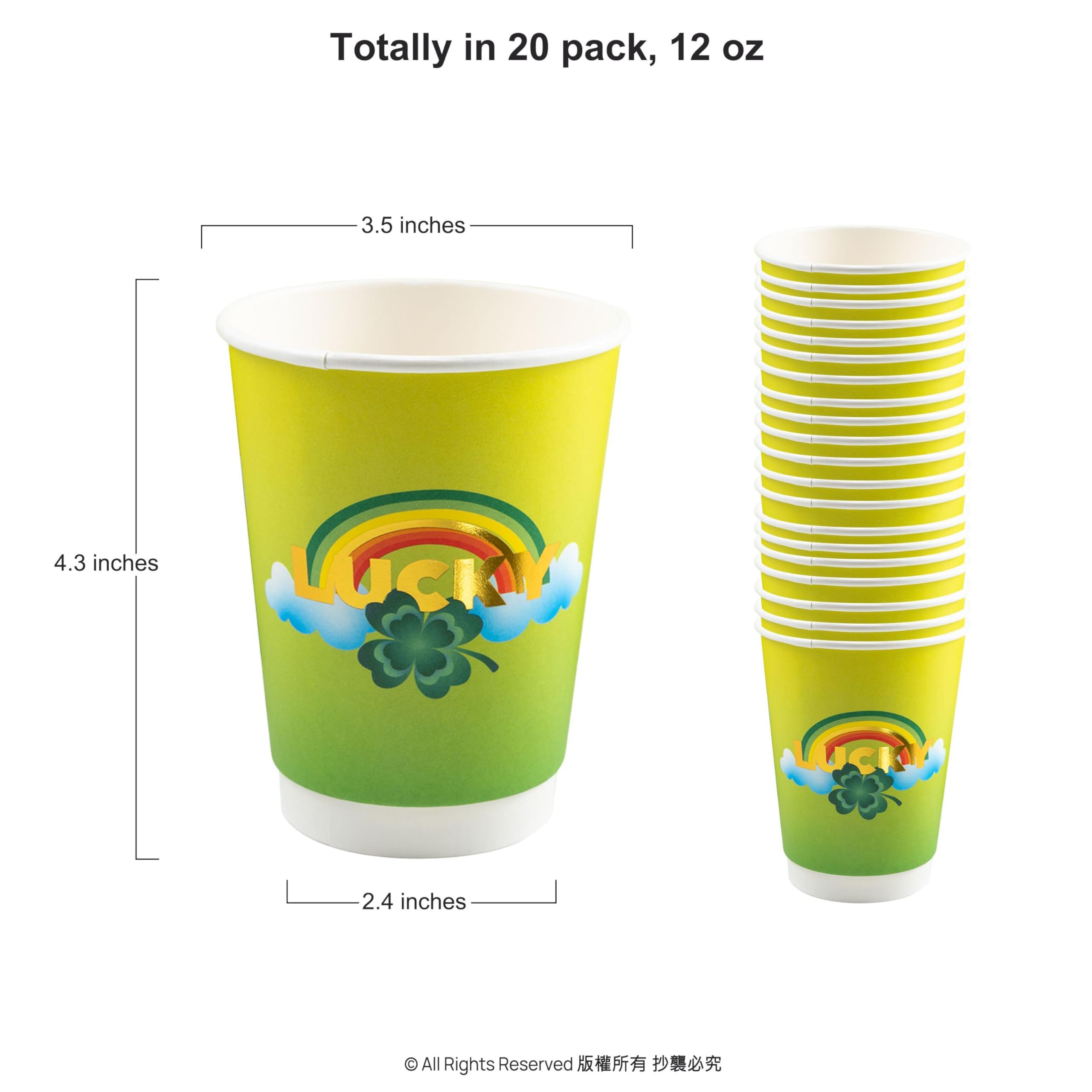 Cheerland St. Patrick's Day Disposable Paper Cups Shamrock Clover Rainbow Tableware for Green Party kids Birthday St Paddy's Day Celebrations Irish Party St Patty Decorations Supplies - Pack of 20