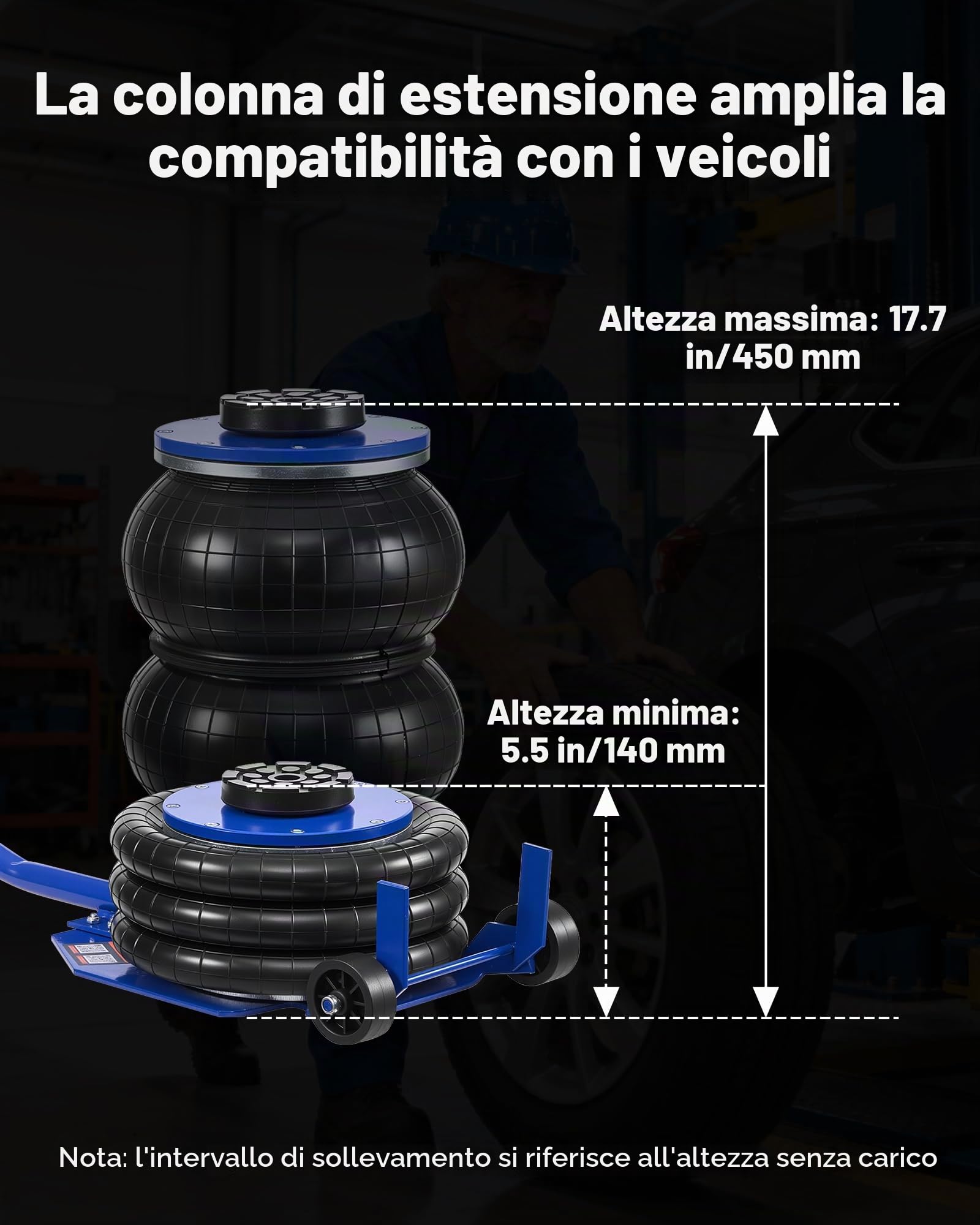 VEVOR Cric Pneumatico per Auto da 3 Tonnellate con 6 Tubi in Acciaio, Manico Lungo e Cuscinetto in Gomma, Altezza di Sollevamento da 140 a 450 mm, Sollevamento Rapido, Cric Pneumatico per SUV