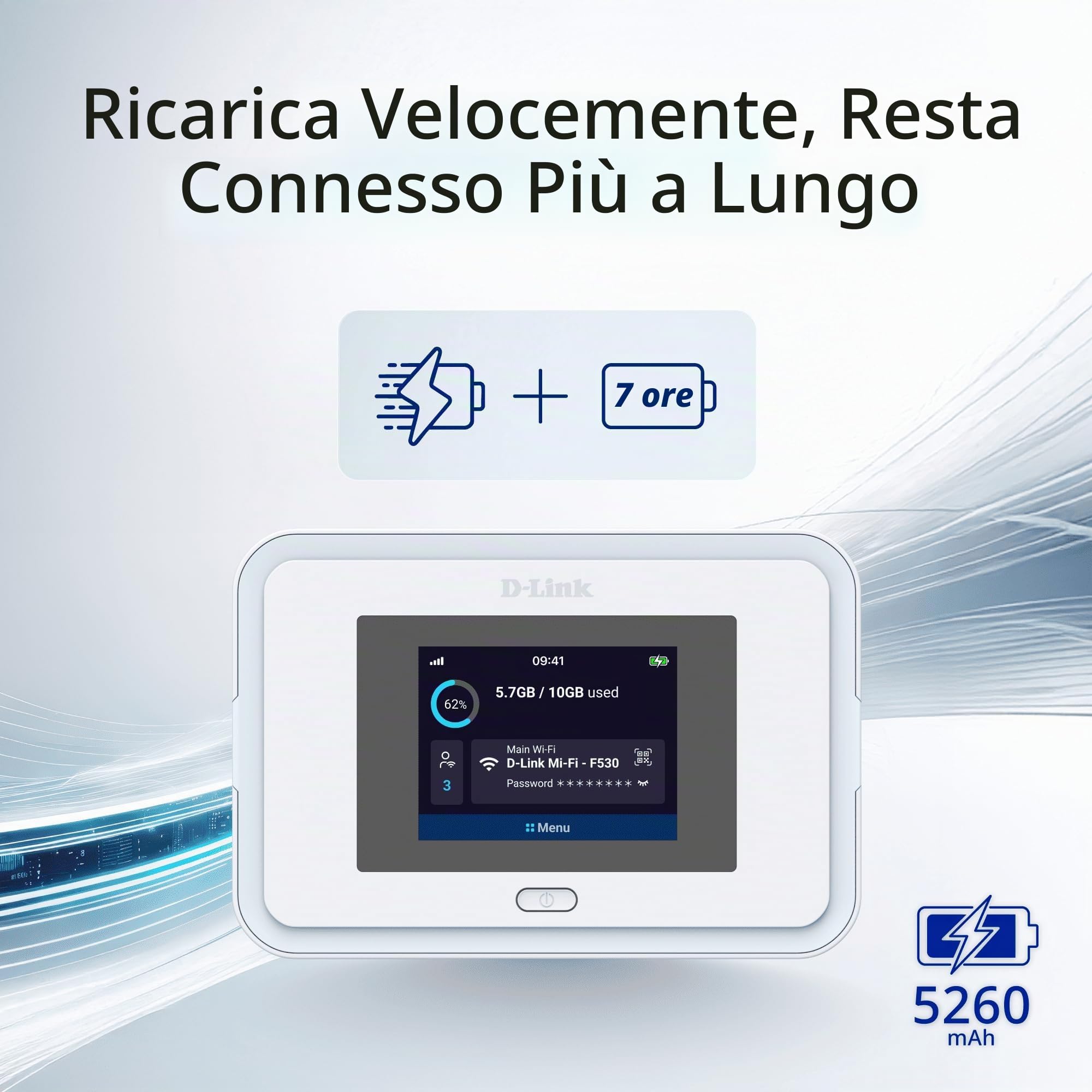 D-Link F530 Hotspot Mobile 5G NR AX3000 Wi-Fi 6, Router 5G Portatile fino a 7,01 Gbps, Touchscreen 2,4", 32 Dispositivi, Batteria 5260 mAh, USB-C PD, microSD, Slot SIM