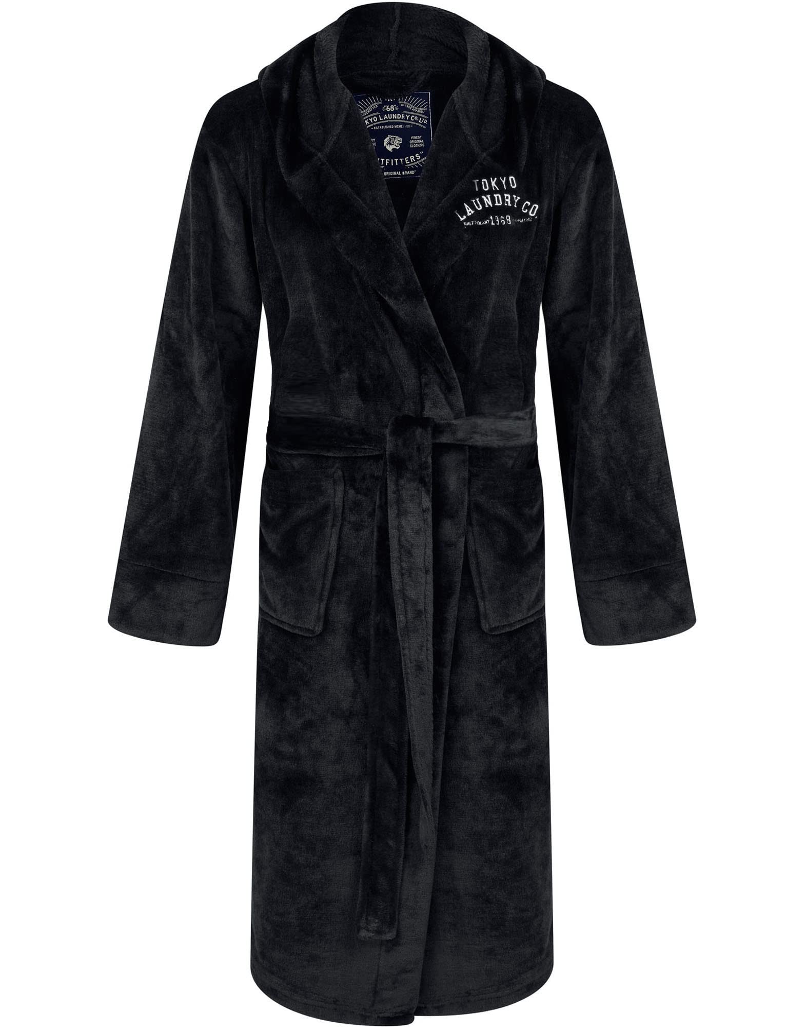 Tokyo Laundry Men's Black Kirkway Soft Fleece Hooded Dressing Gown With Tie Belt In – - L