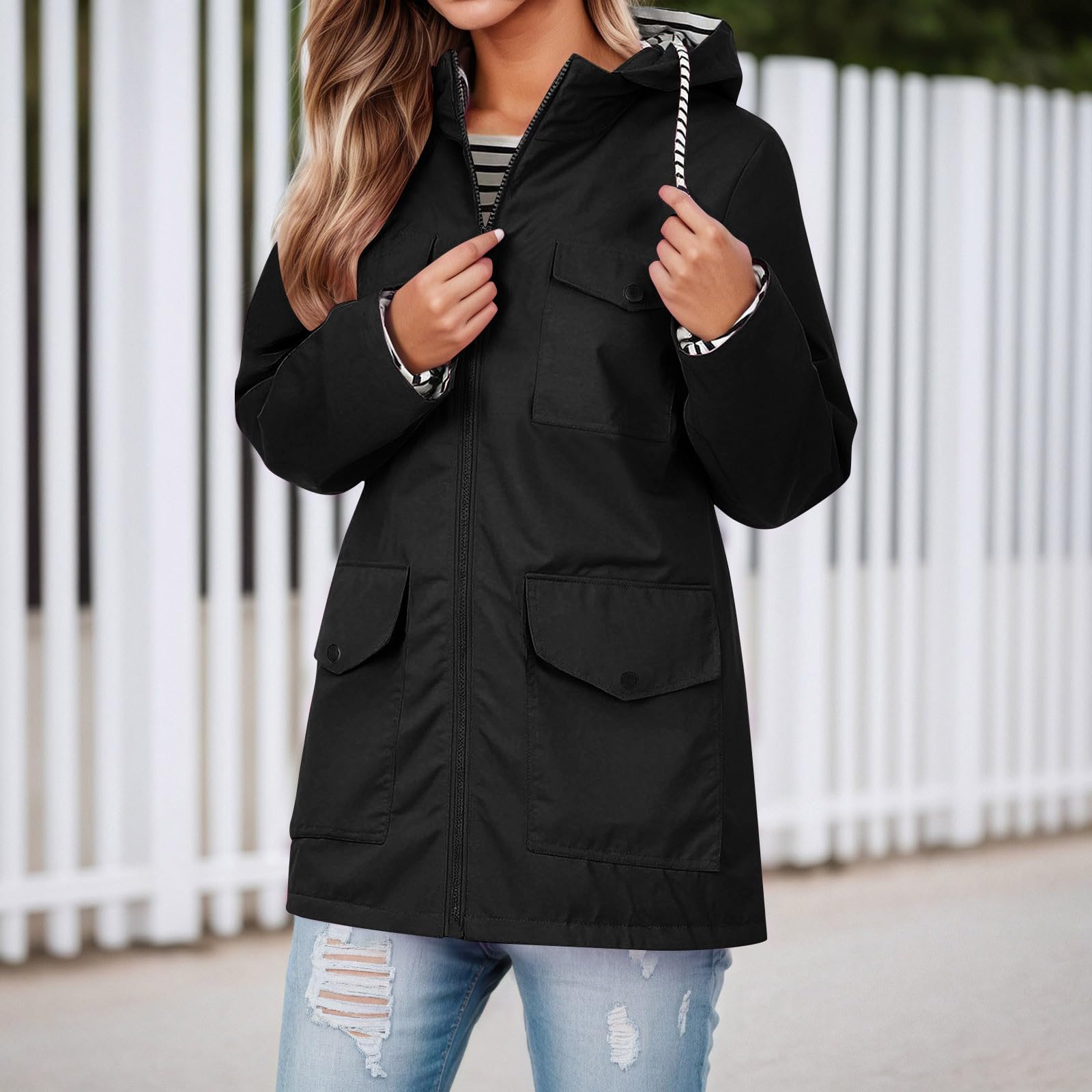 Genérico Impermeable Mujer,Chaqueta Impermeable Larga Y Ligera con Capucha Y Rayas Anorak Elegante para Cualquier Clima