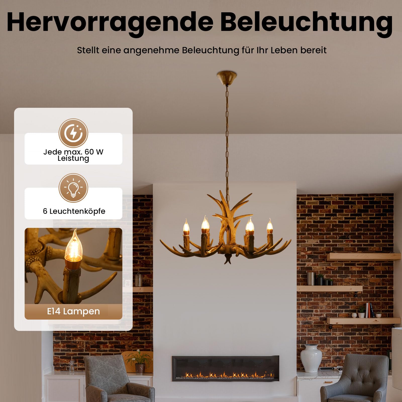 6-Licht Geweih Kronleuchter, Retro Geweihlampe Deckenleuchte Deckenlampe Kronleuchter Harz Hirsch Hirschgewei Pendelleuchte Deckenlampen Licht HäNgelampe für Küche Esszimmer Bar [Energieklasse A++]