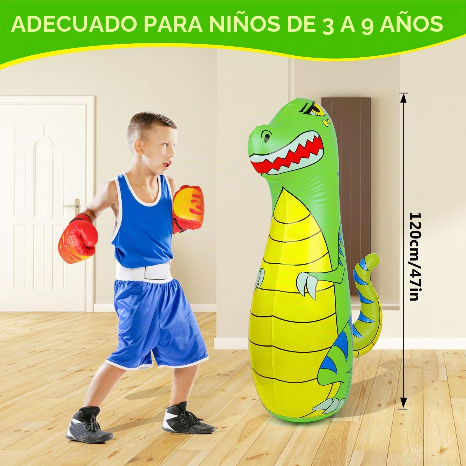 Saco de Boxeo Niños 120cm Hinchable Dinosaurio Bolsa Boxeo con Guantes Regalo 3-9 Años